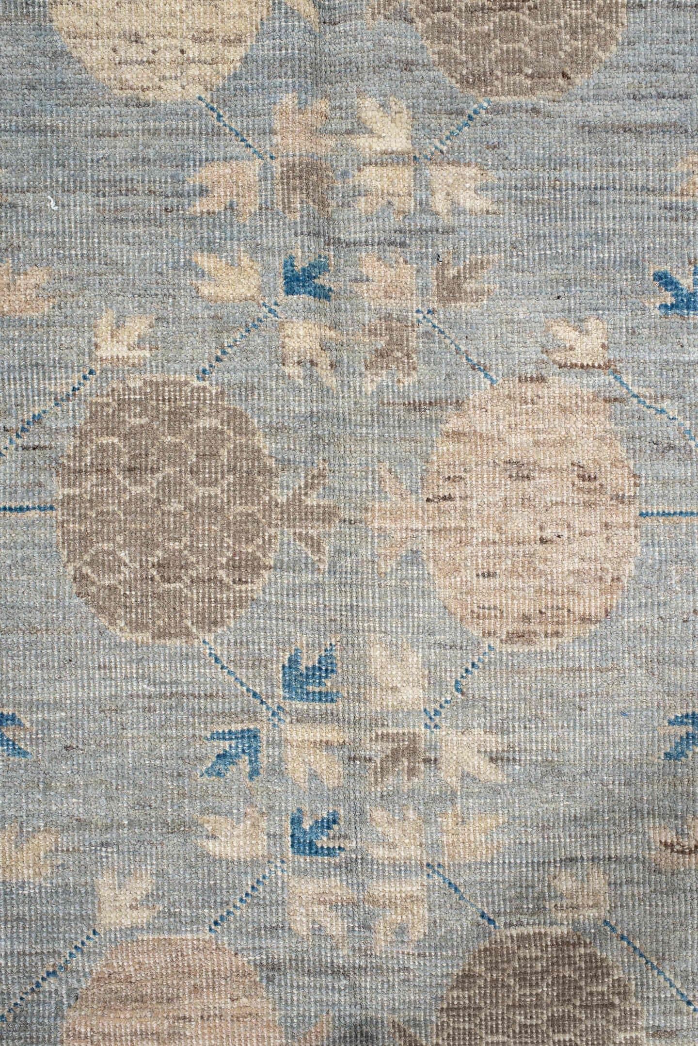 9' x 12' one-of-a-kind handmade vintage Oushak large size rug. Color palette: pale blue, ivory, taupe, sky blue, beige