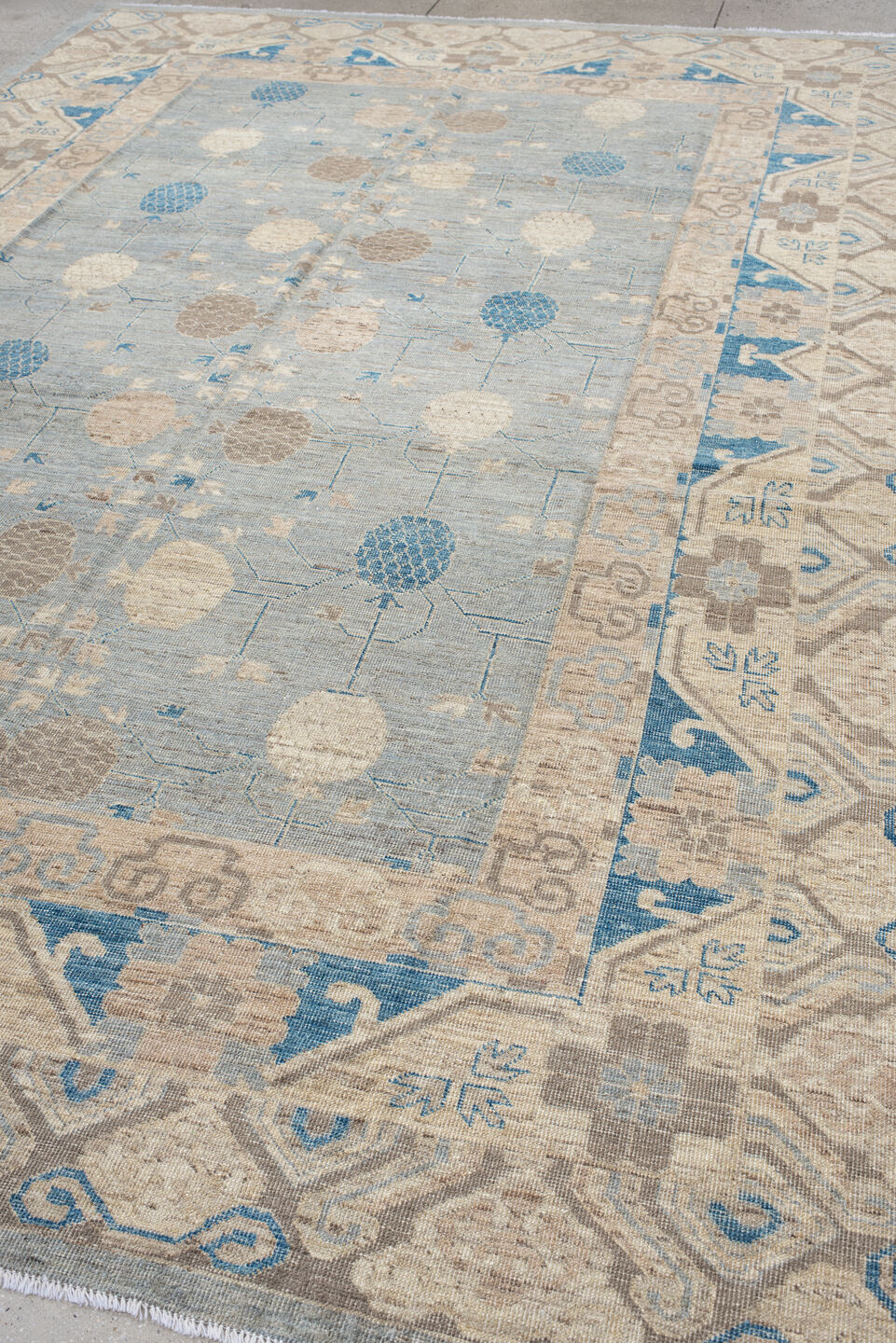 9' x 12' one-of-a-kind handmade vintage Oushak large size rug. Color palette: blue, brown, dim gray, gainsboro, gray