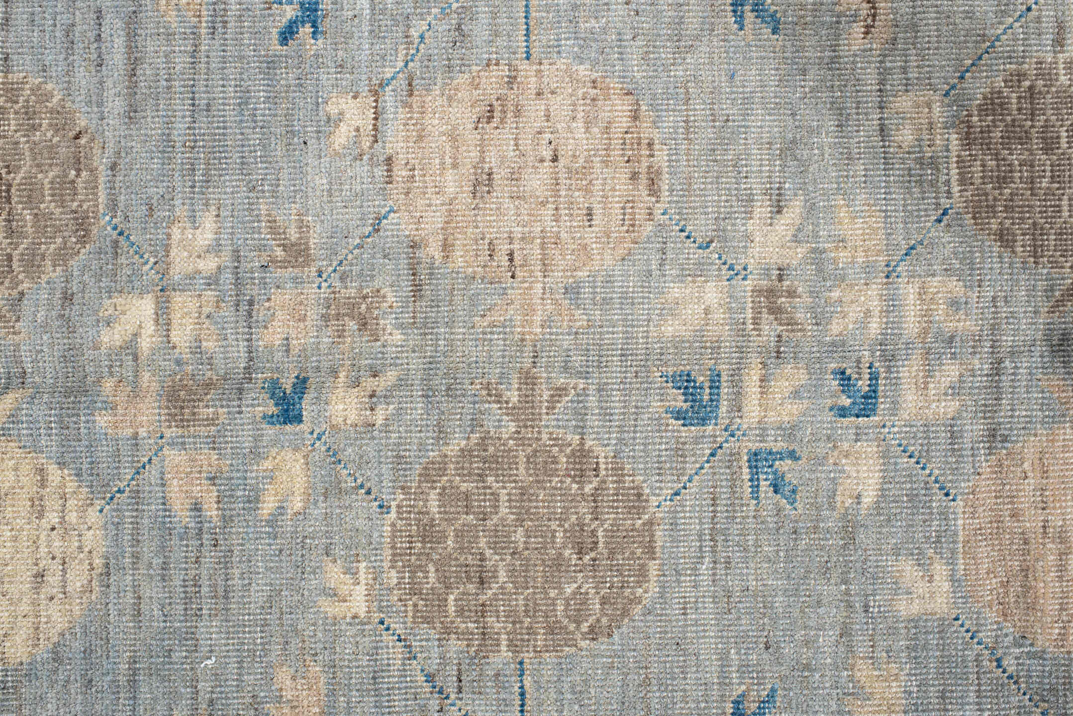 9' x 12' one-of-a-kind handmade vintage Oushak large size rug. Color palette: blue, brown, dim gray, gainsboro, gray