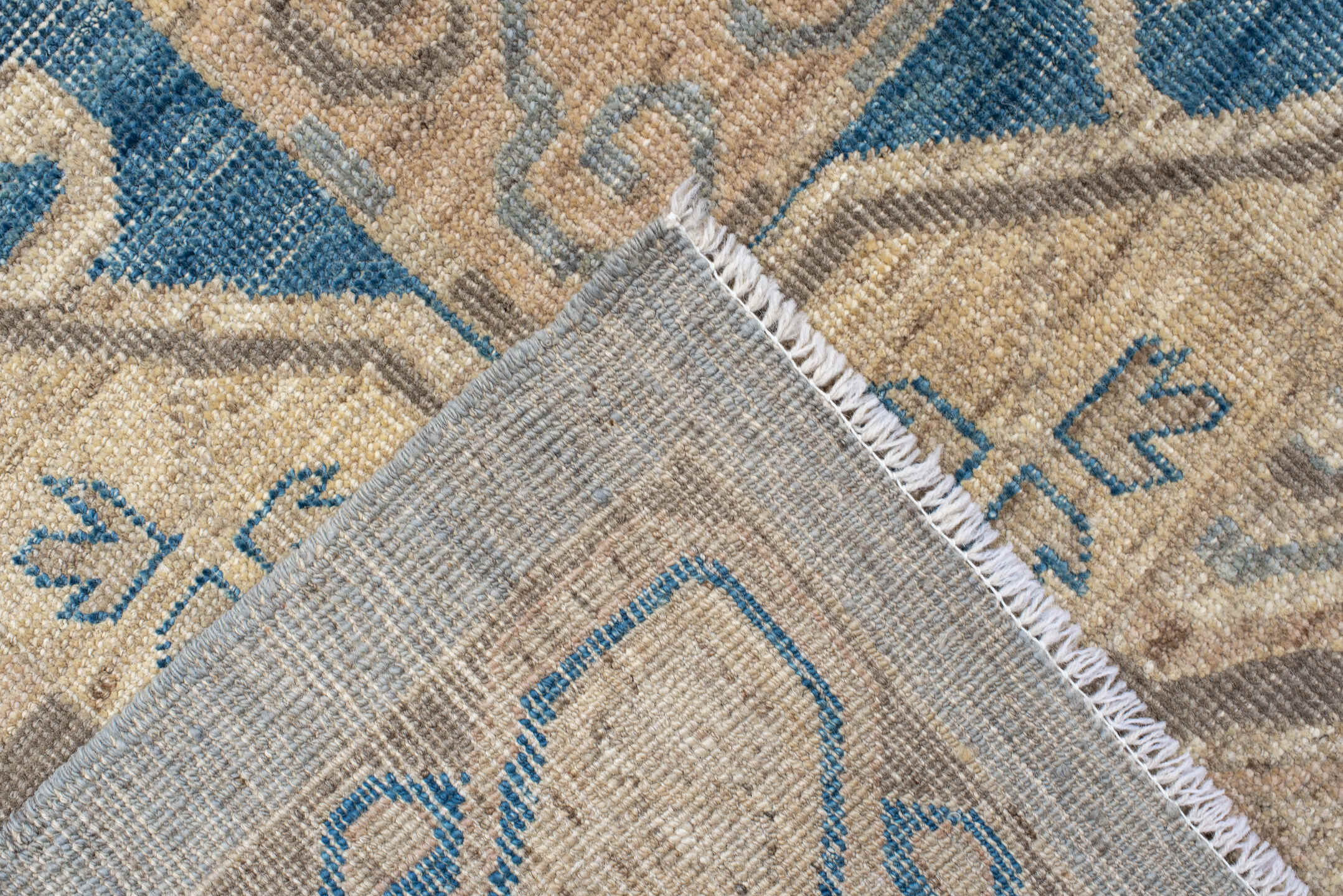 9' x 12' one-of-a-kind handmade vintage Oushak large size rug. Color palette: pale blue, ivory, taupe, sky blue, beige