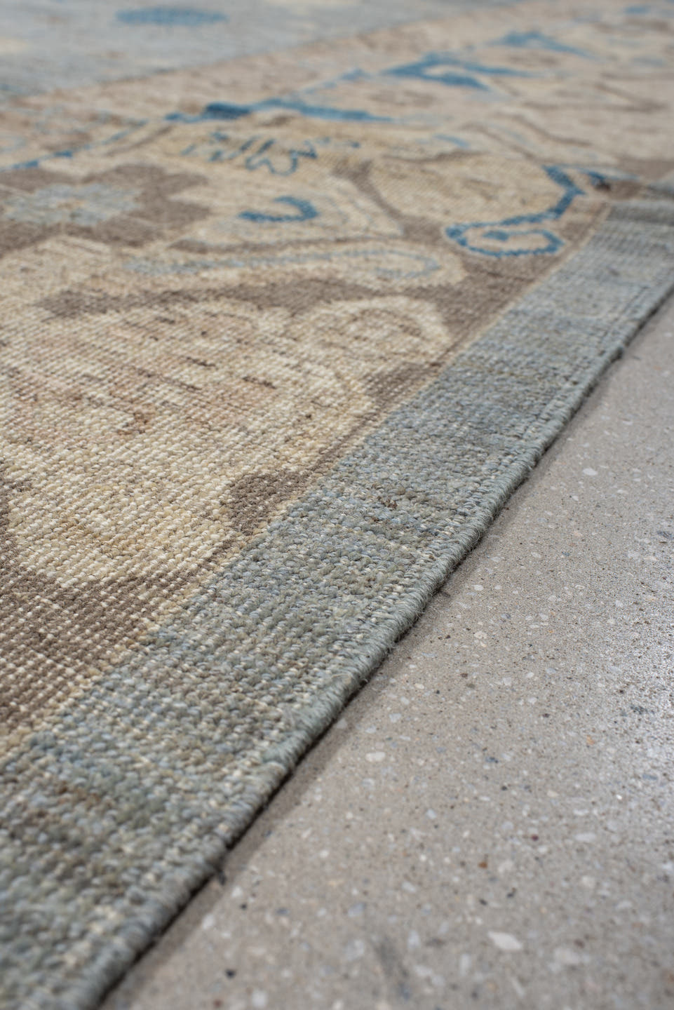 9' x 12' one-of-a-kind handmade vintage Oushak large size rug. Color palette: pale blue, ivory, taupe, sky blue, beige
