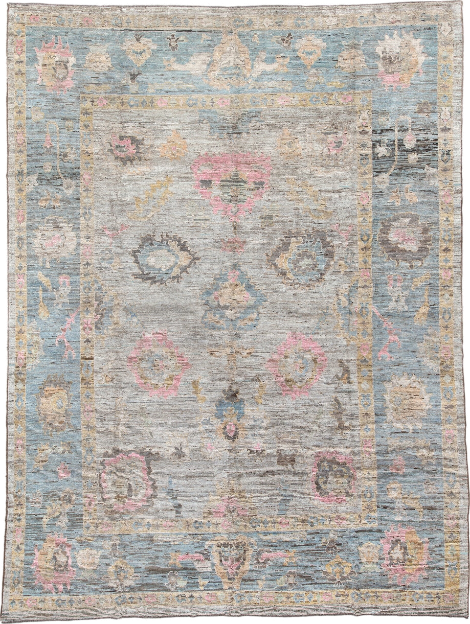 10' x 13' one-of-a-kind handmade vintage Oushak large size rug. Color palette: ivory, pale blue, blush, taupe, gold