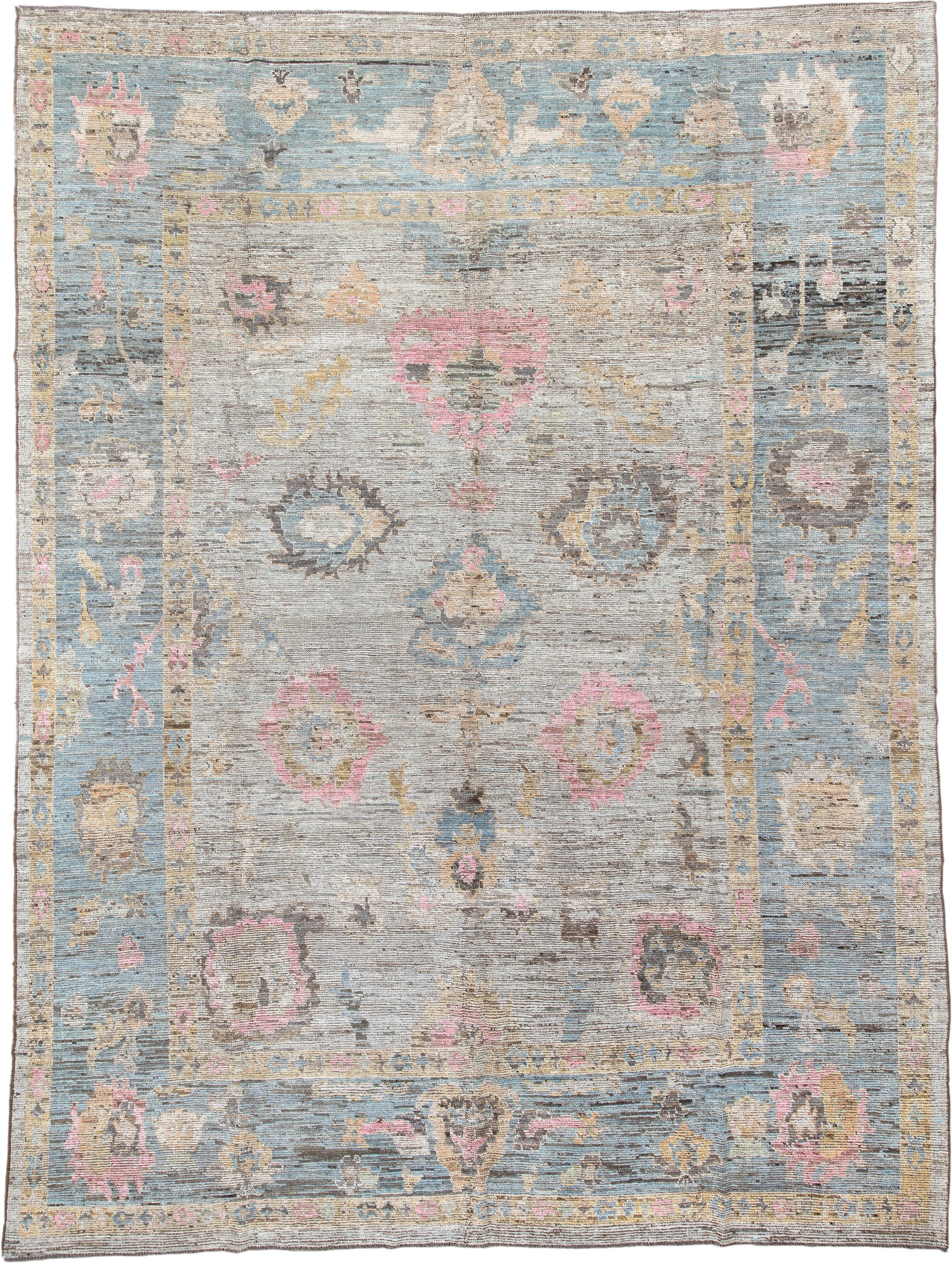 10' x 13' one-of-a-kind handmade vintage Oushak large size rug. Color palette: ivory, pale blue, blush, taupe, gold