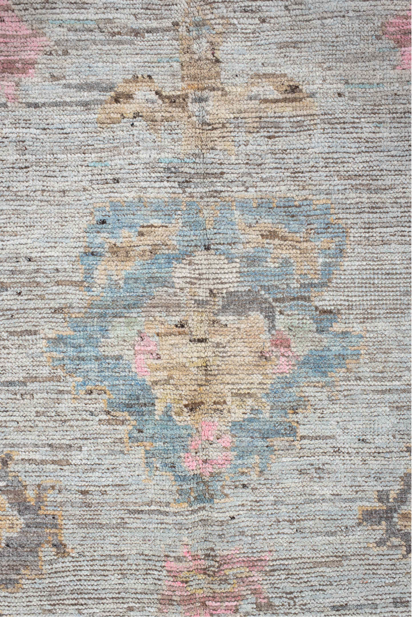 10' x 13' one-of-a-kind handmade vintage Oushak large size rug. Color palette: ivory, pale blue, blush, taupe, gold