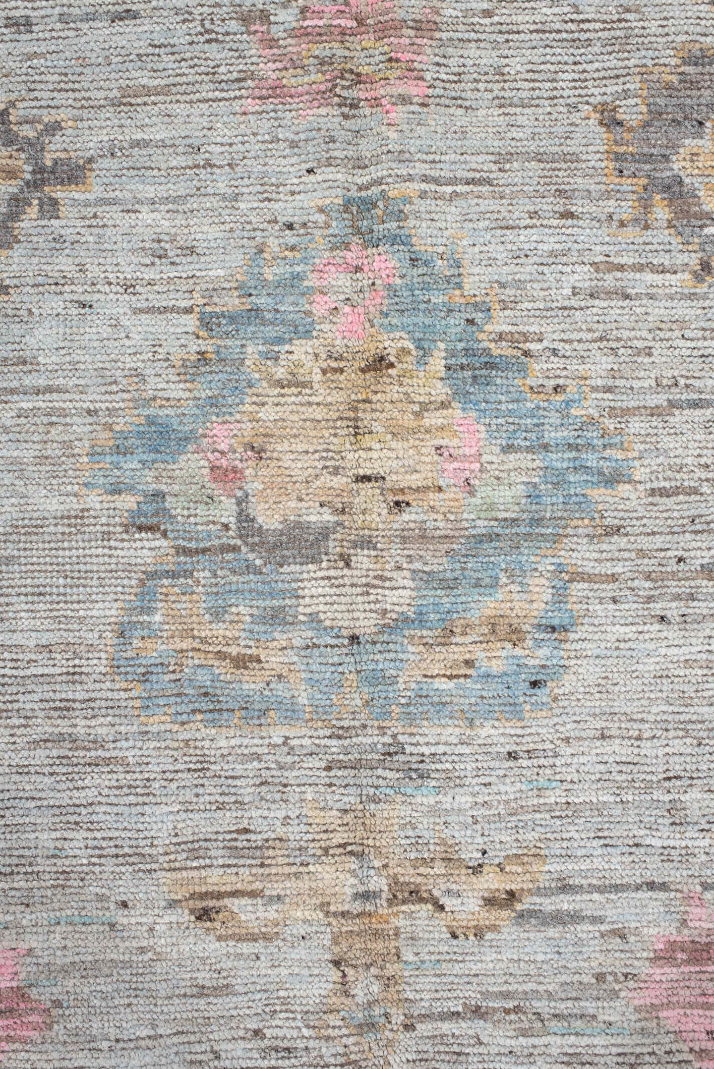 10' x 13' one-of-a-kind handmade vintage Oushak large size rug. Color palette: ivory, pale blue, blush, taupe, gold