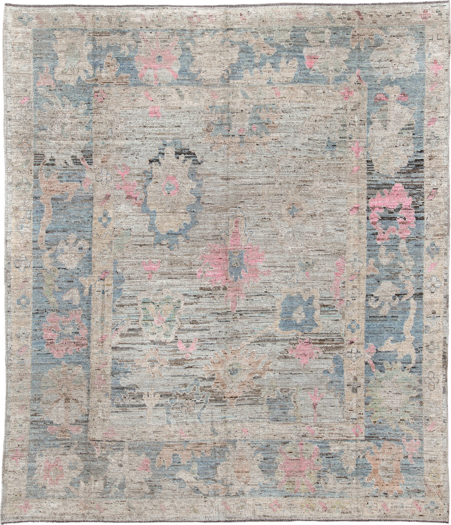 8' x 9' one-of-a-kind handmade vintage Oushak rug. Color palette: ivory, taupe, pale blue, blush, beige, gray, light blue