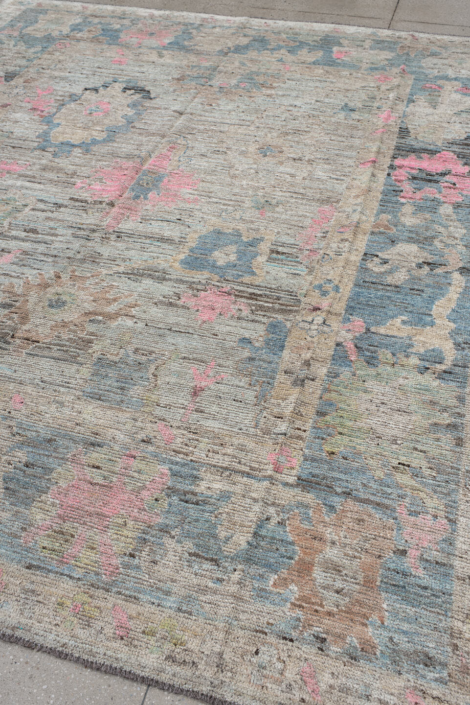 8' x 9' one-of-a-kind handmade vintage Oushak rug. Color palette: ivory, taupe, pale blue, blush, beige, gray, light blue
