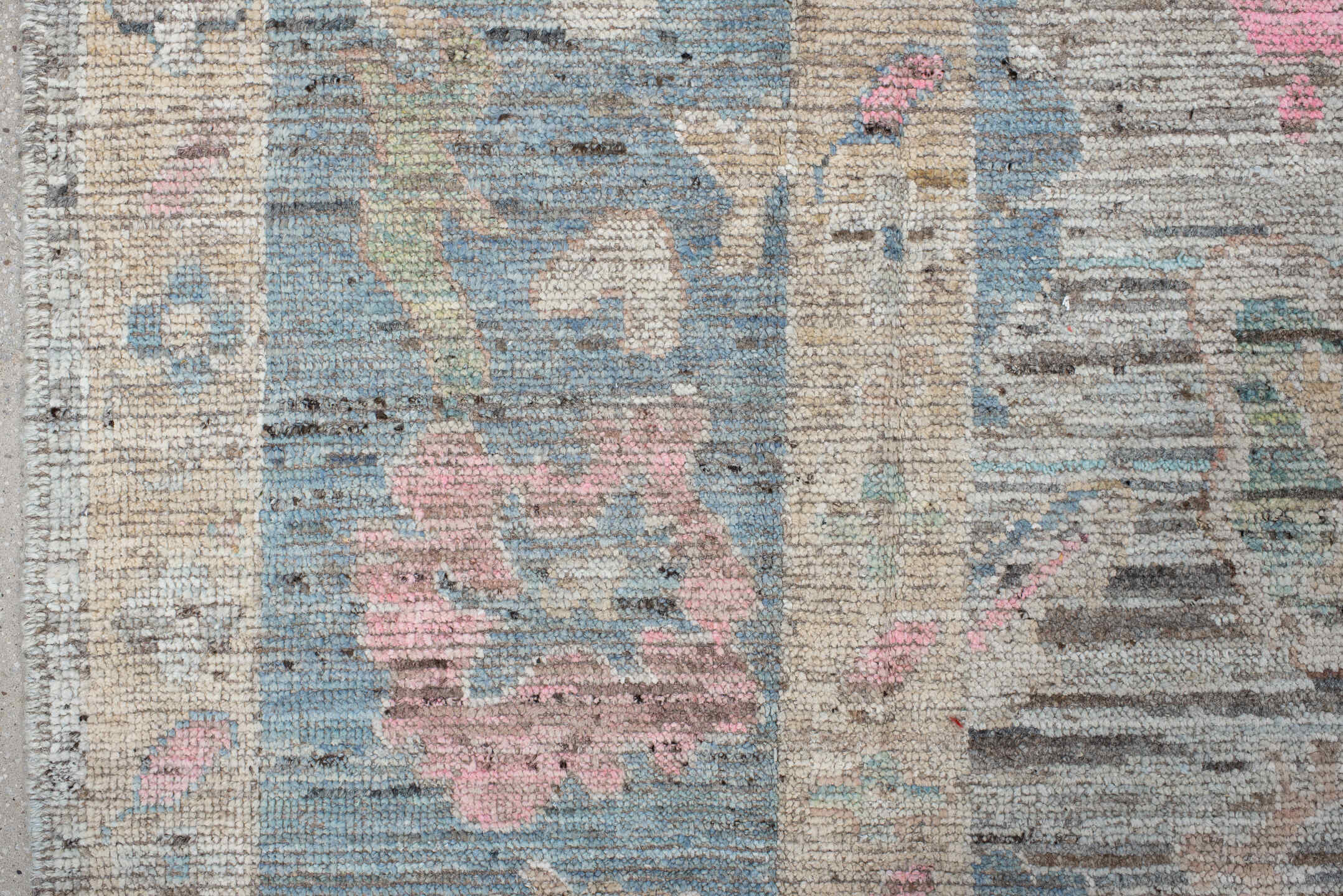 8' x 9' one-of-a-kind handmade vintage Oushak rug. Color palette: ivory, taupe, pale blue, blush, beige, gray, light blue