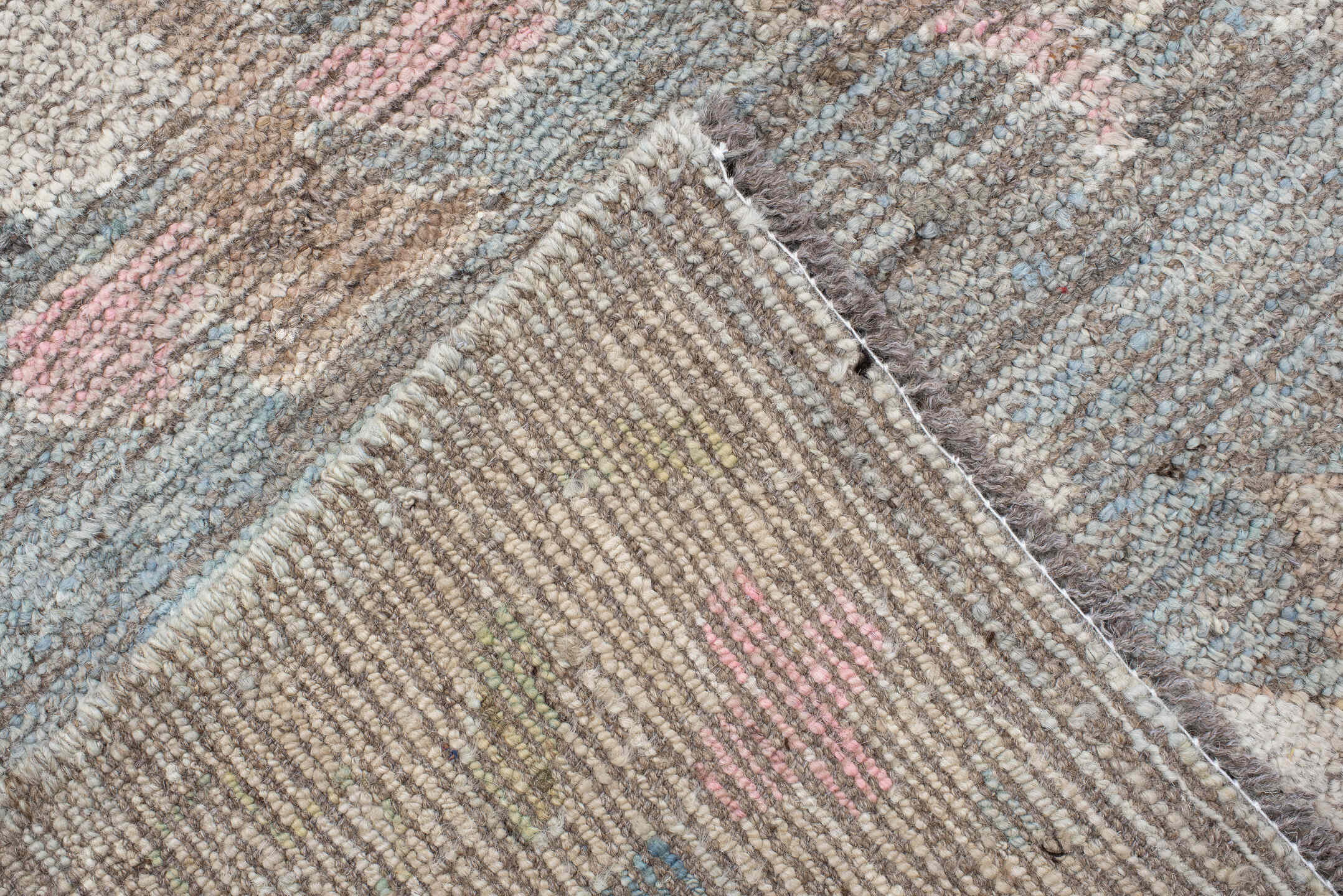 8' x 9' one-of-a-kind handmade vintage Oushak rug. Color palette: ivory, taupe, pale blue, blush, beige, gray, light blue