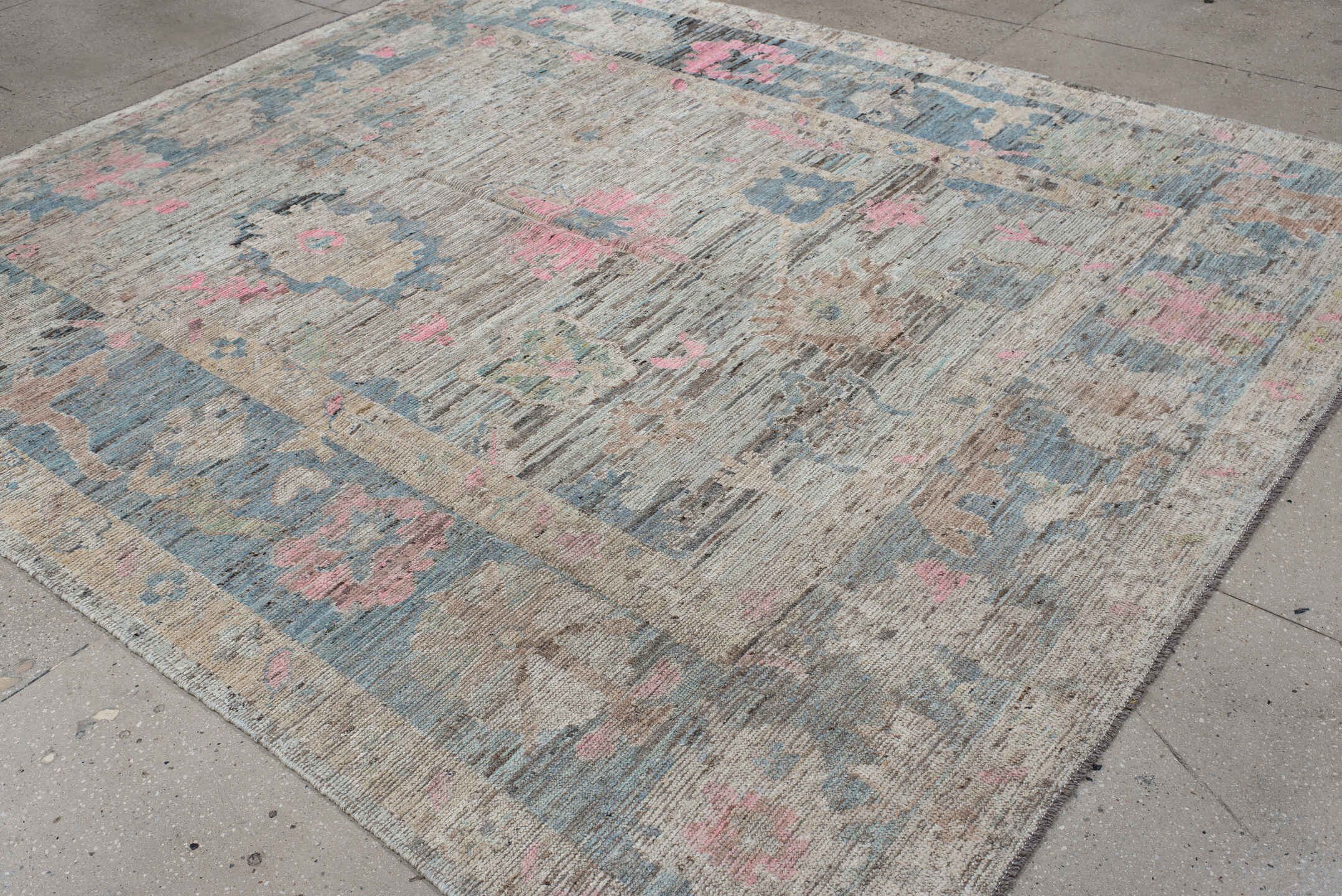 8' x 9' one-of-a-kind handmade vintage Oushak rug. Color palette: ivory, taupe, pale blue, blush, beige, gray, light blue