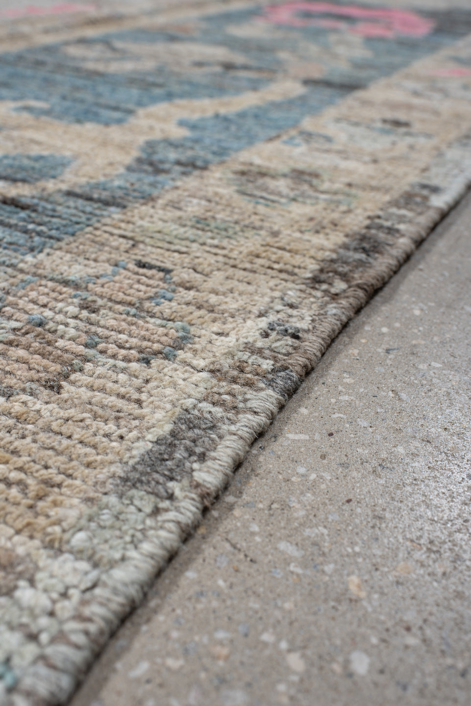 8' x 9' one-of-a-kind handmade vintage Oushak rug. Color palette: ivory, taupe, pale blue, blush, beige, gray, light blue