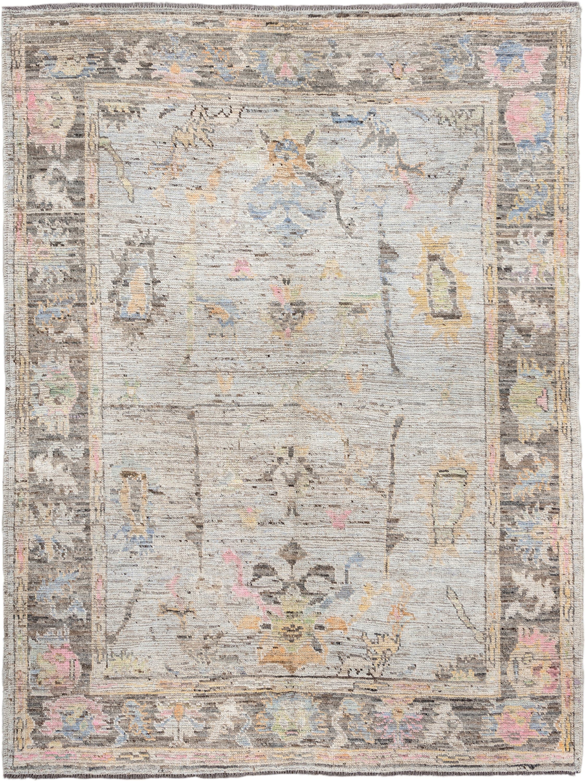 6' x 7' one-of-a-kind handmade vintage Oushak rug. Color palette: light gray, charcoal, ivory, powder blue, blush, gold