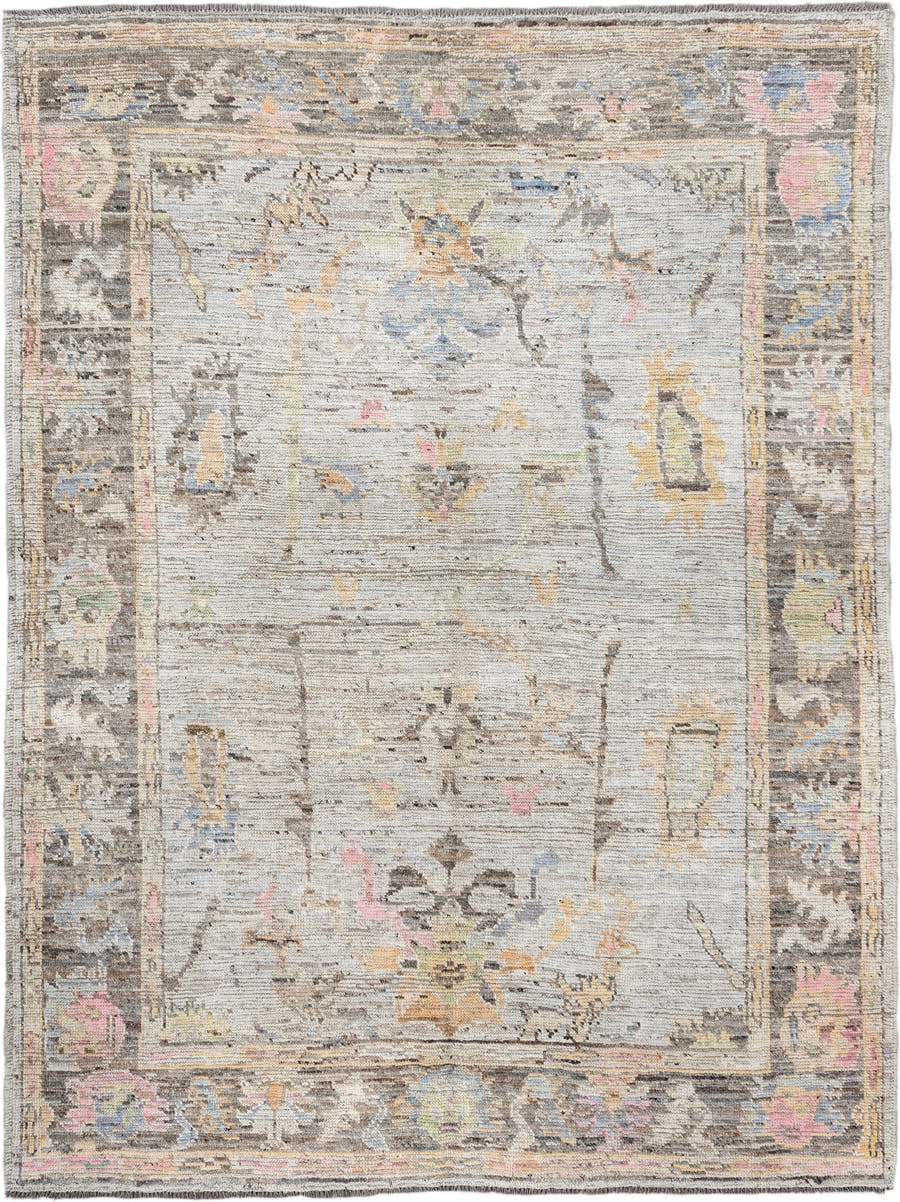 6' x 7' one-of-a-kind handmade vintage Oushak rug. Color palette: light gray, charcoal, ivory, powder blue, blush, gold