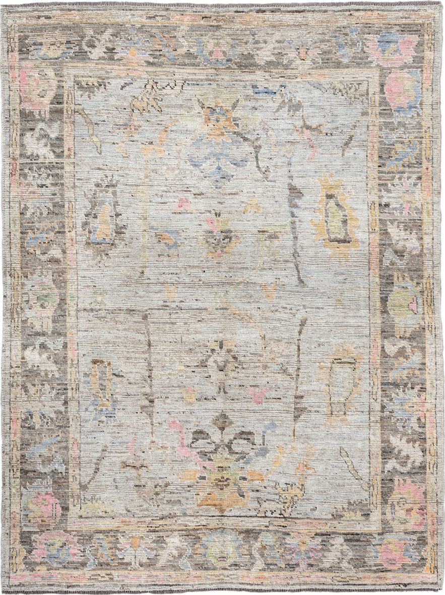 6' x 7' one-of-a-kind handmade vintage Oushak rug. Color palette: light gray, charcoal, ivory, powder blue, blush, gold