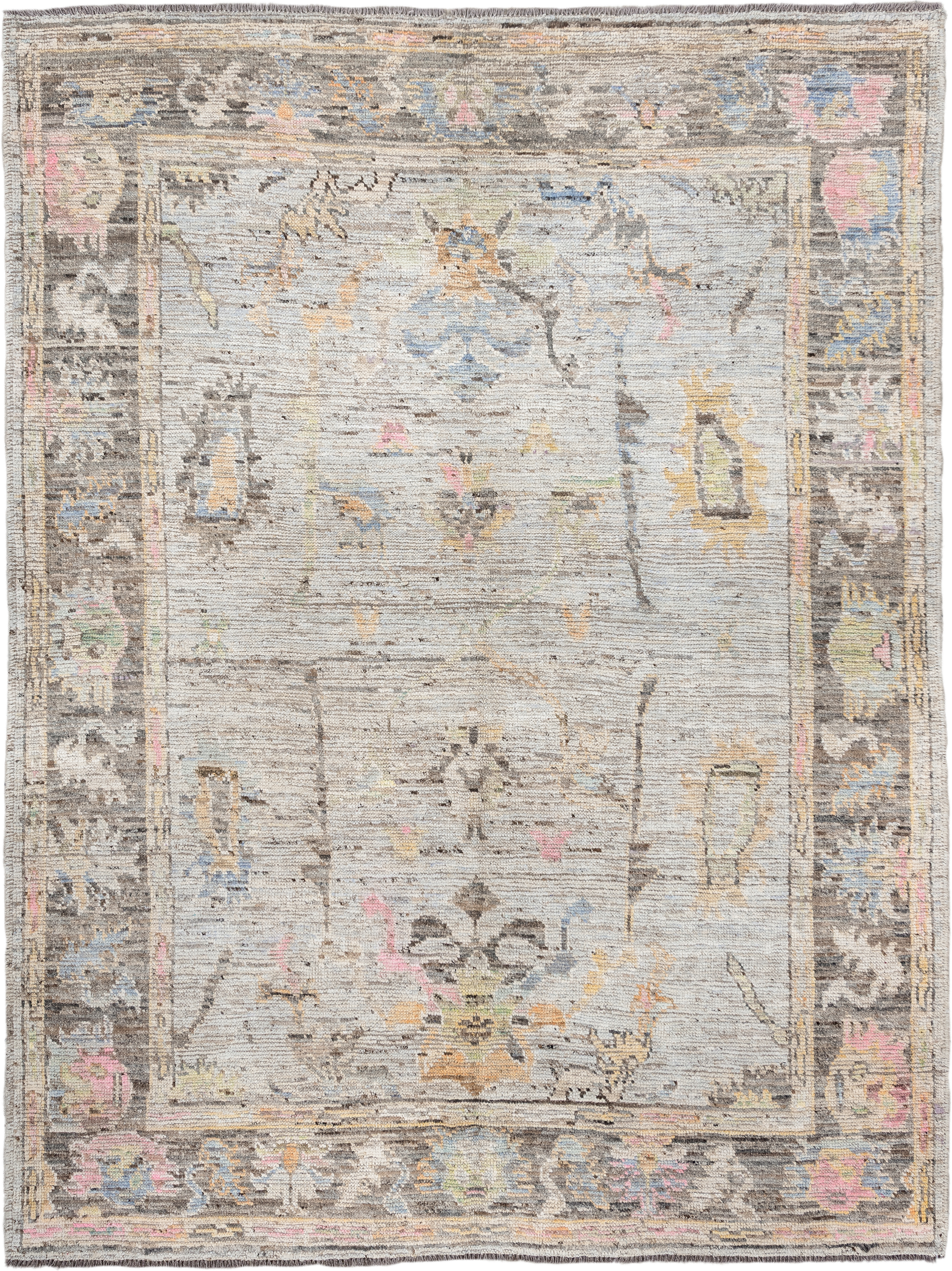 6' x 7' one-of-a-kind handmade vintage Oushak rug. Color palette: light gray, charcoal, ivory, powder blue, blush, gold