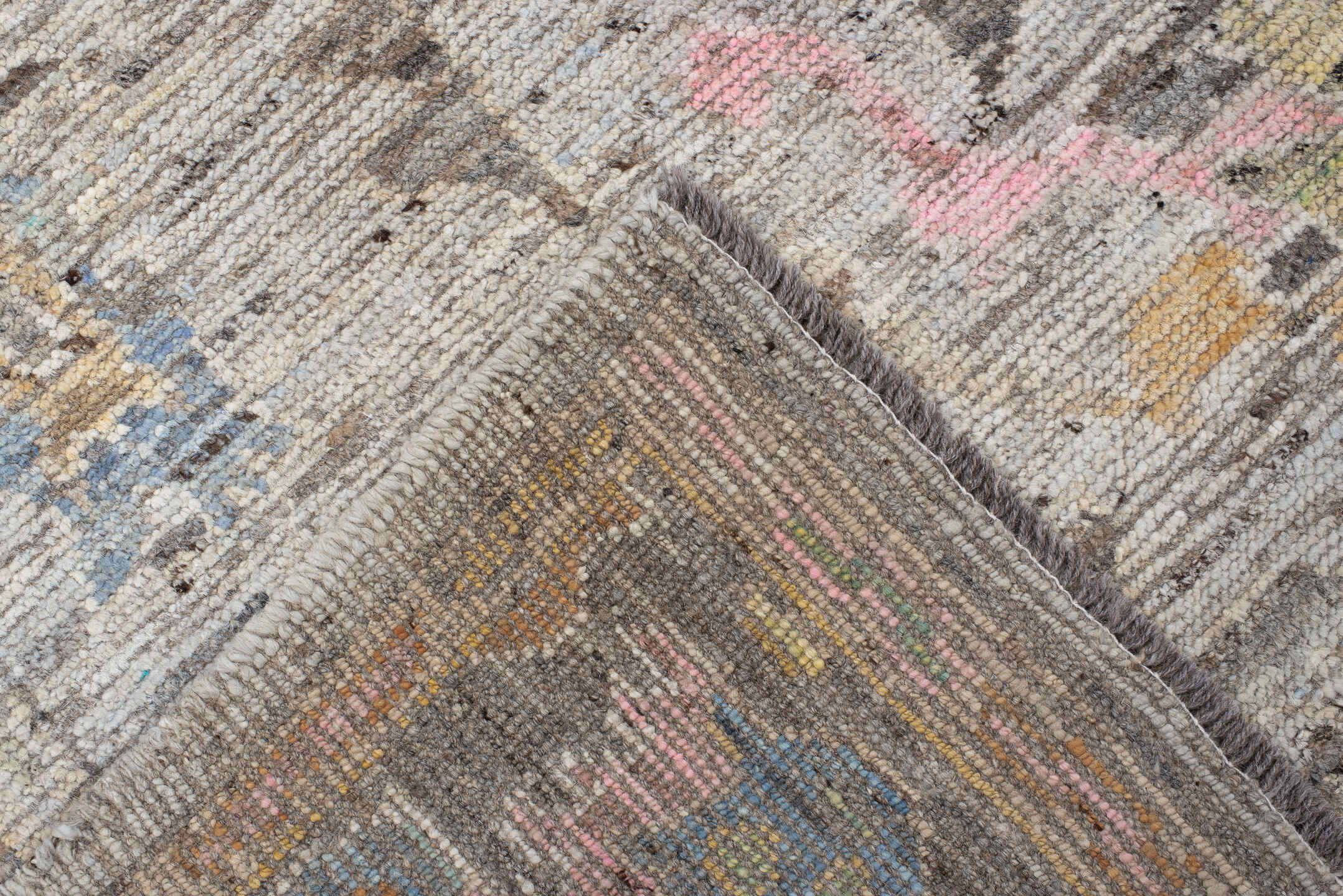 6' x 7' one-of-a-kind handmade vintage Oushak rug. Color palette: light gray, charcoal, ivory, powder blue, blush, gold