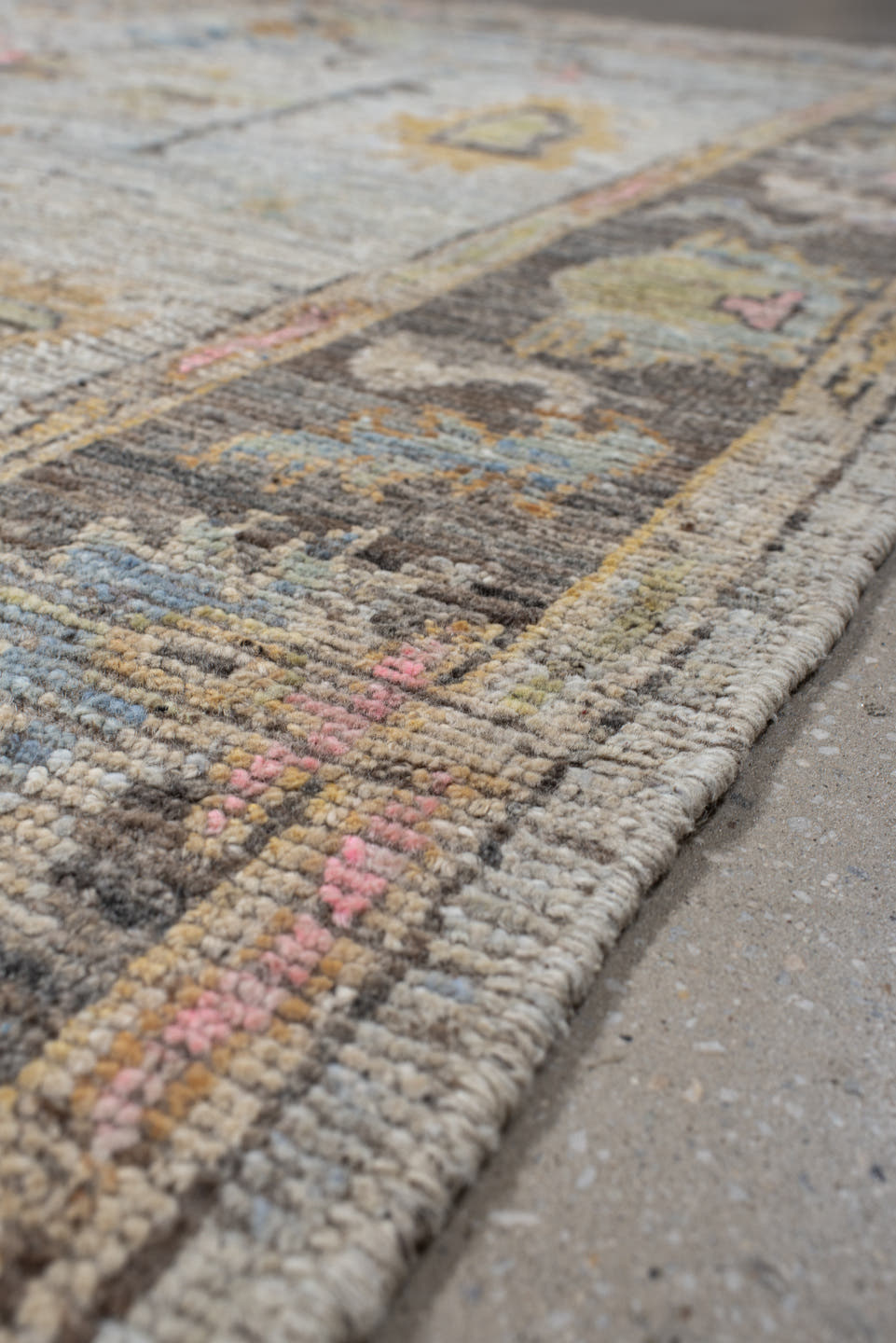 6' x 7' one-of-a-kind handmade vintage Oushak rug. Color palette: light gray, charcoal, ivory, powder blue, blush, gold
