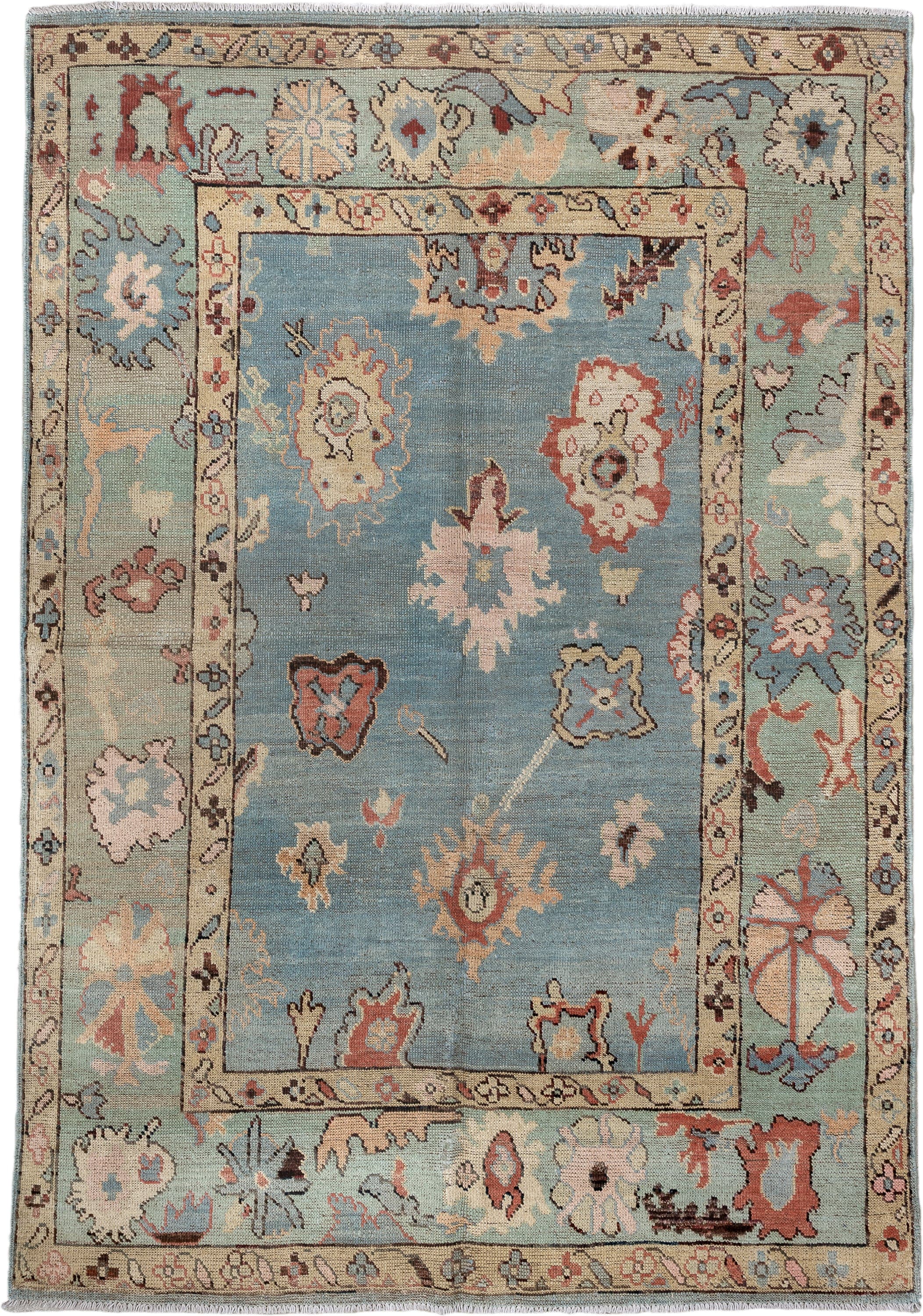 5' x 7' one-of-a-kind handmade vintage Oushak medium size rug. Color palette: sky blue, ivory, sage, rust, rose, taupe