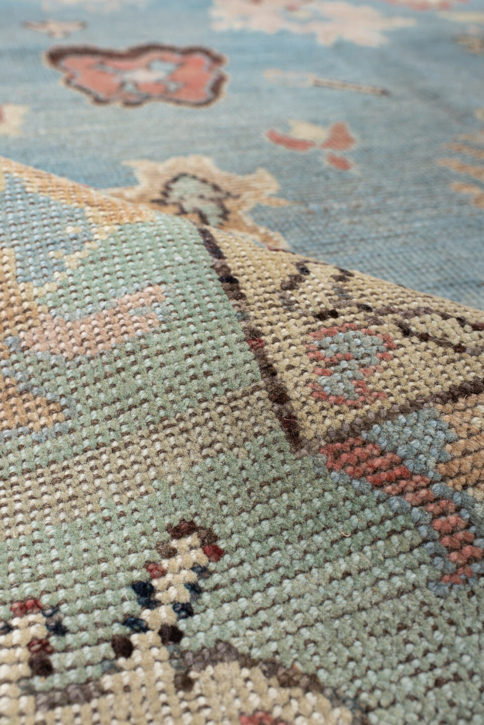 5' x 7' one-of-a-kind handmade vintage Oushak medium size rug. Color palette: sky blue, ivory, sage, rust, rose, taupe