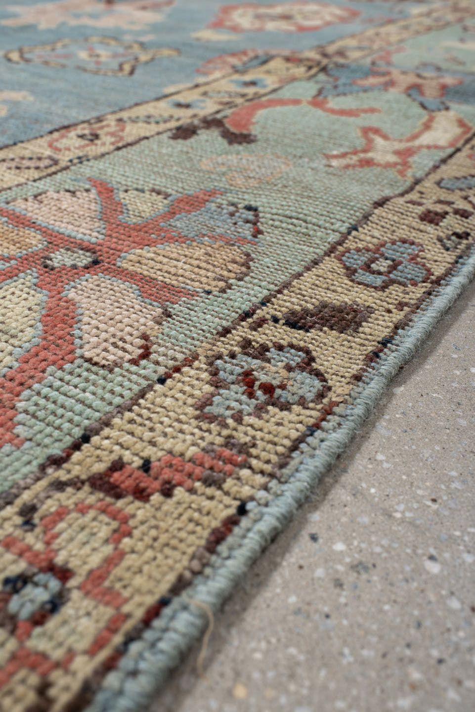 5' x 7' one-of-a-kind handmade vintage Oushak medium size rug. Color palette: sky blue, ivory, sage, rust, rose, taupe