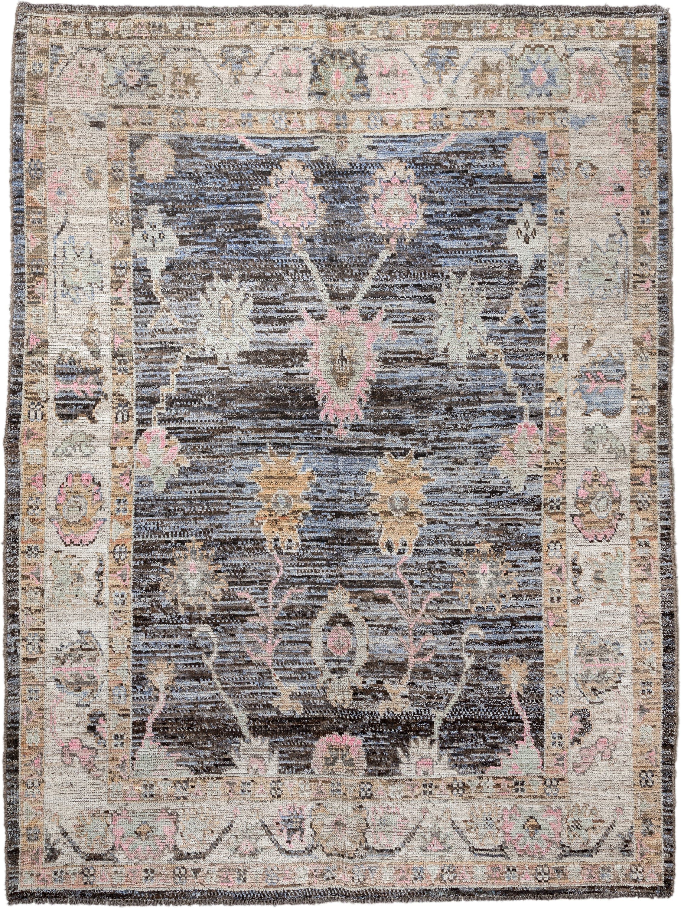 6' x 8' one-of-a-kind handmade vintage Oushak medium size rug. Color palette: charcoal, ivory, taupe, blush, gold, slate