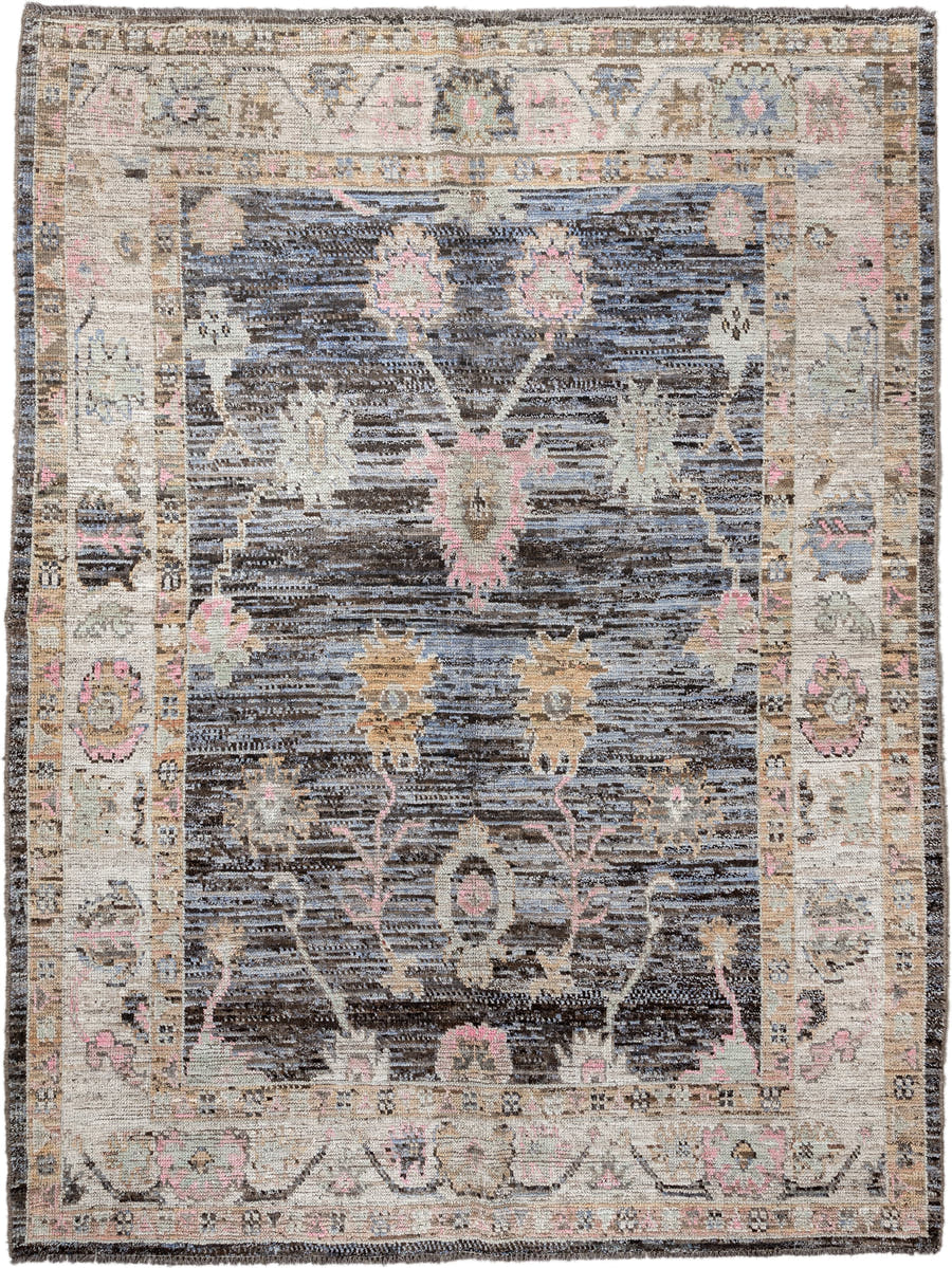6' x 8' one-of-a-kind handmade vintage Oushak medium size rug. Color palette: charcoal, ivory, taupe, blush, gold, slate