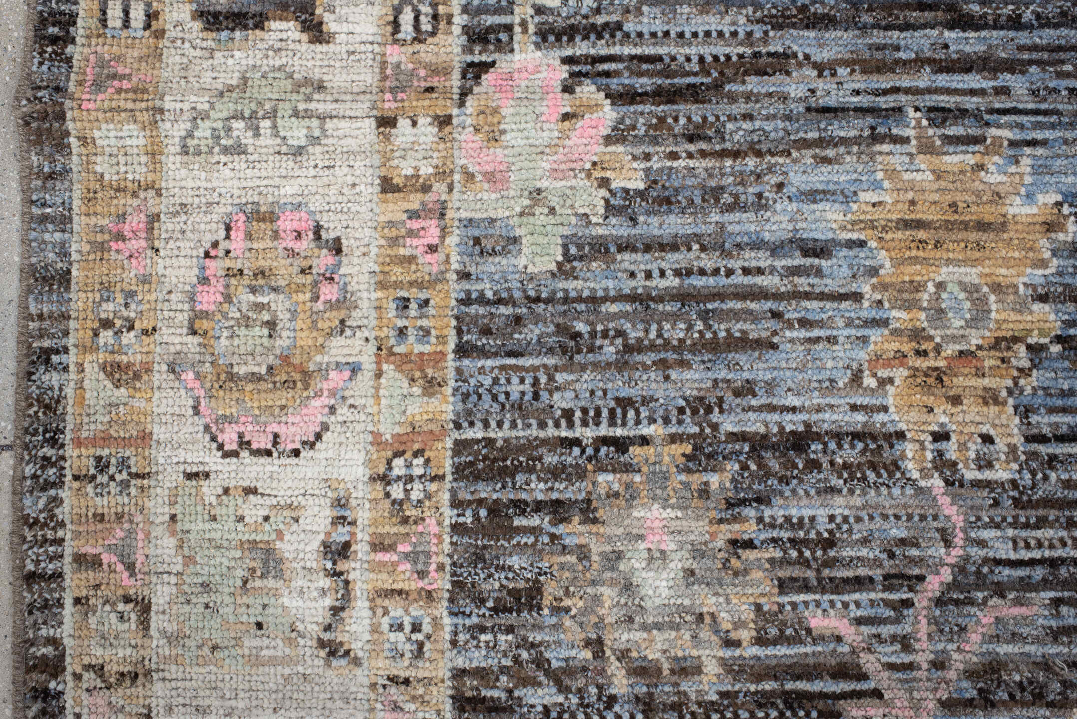 6' x 8' one-of-a-kind handmade vintage Oushak medium size rug. Color palette: charcoal, ivory, taupe, blush, gold, slate