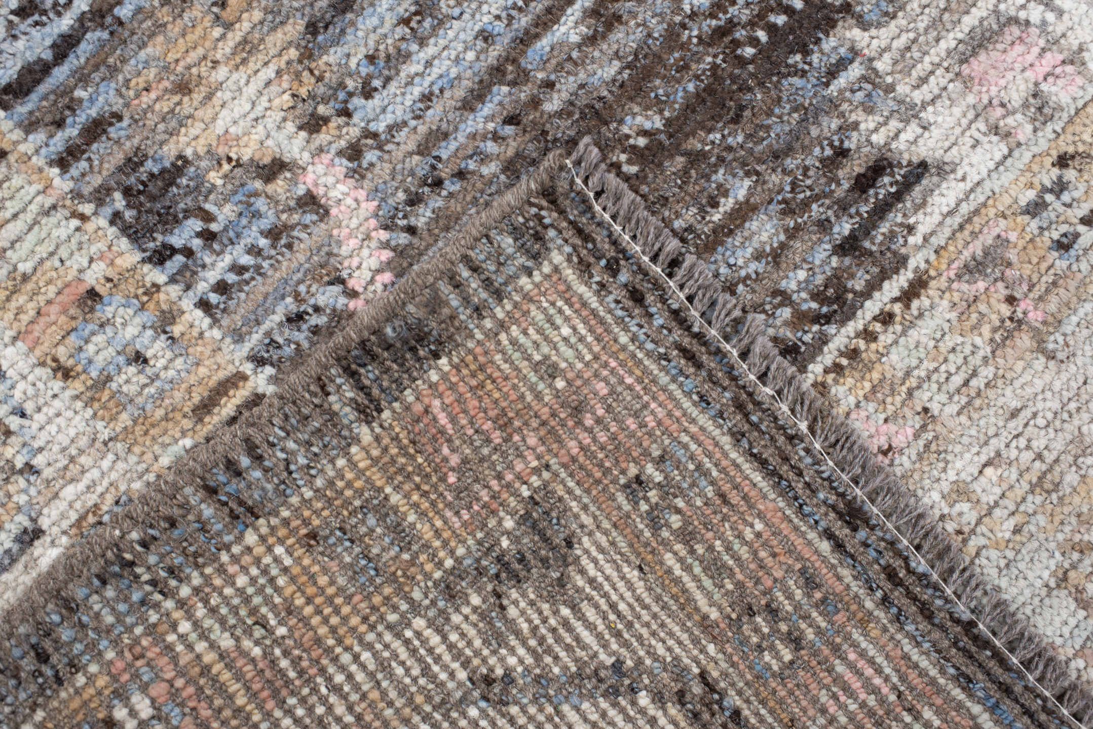 6' x 8' one-of-a-kind handmade vintage Oushak medium size rug. Color palette: charcoal, ivory, taupe, blush, gold, slate