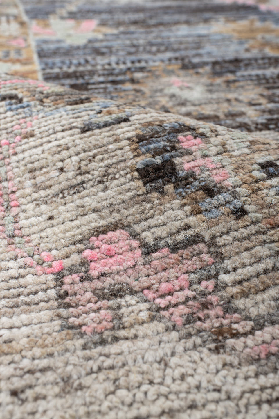 6' x 8' one-of-a-kind handmade vintage Oushak medium size rug. Color palette: charcoal, ivory, taupe, blush, gold, slate