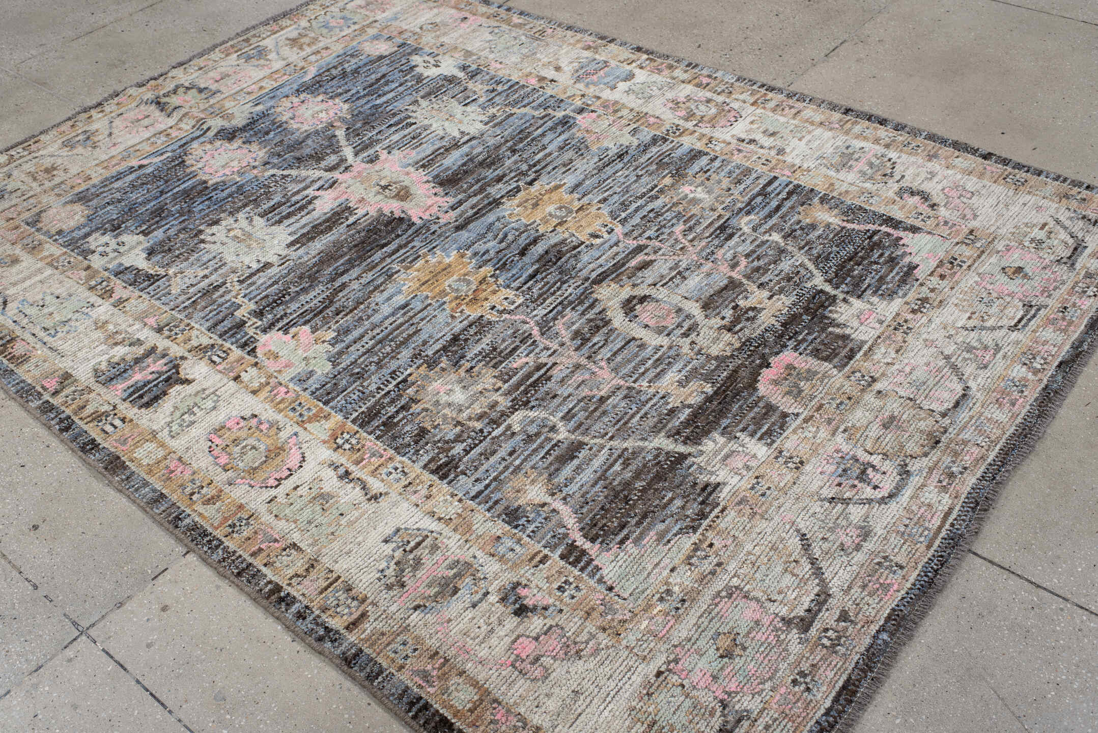 6' x 8' one-of-a-kind handmade vintage Oushak medium size rug. Color palette: charcoal, ivory, taupe, blush, gold, slate