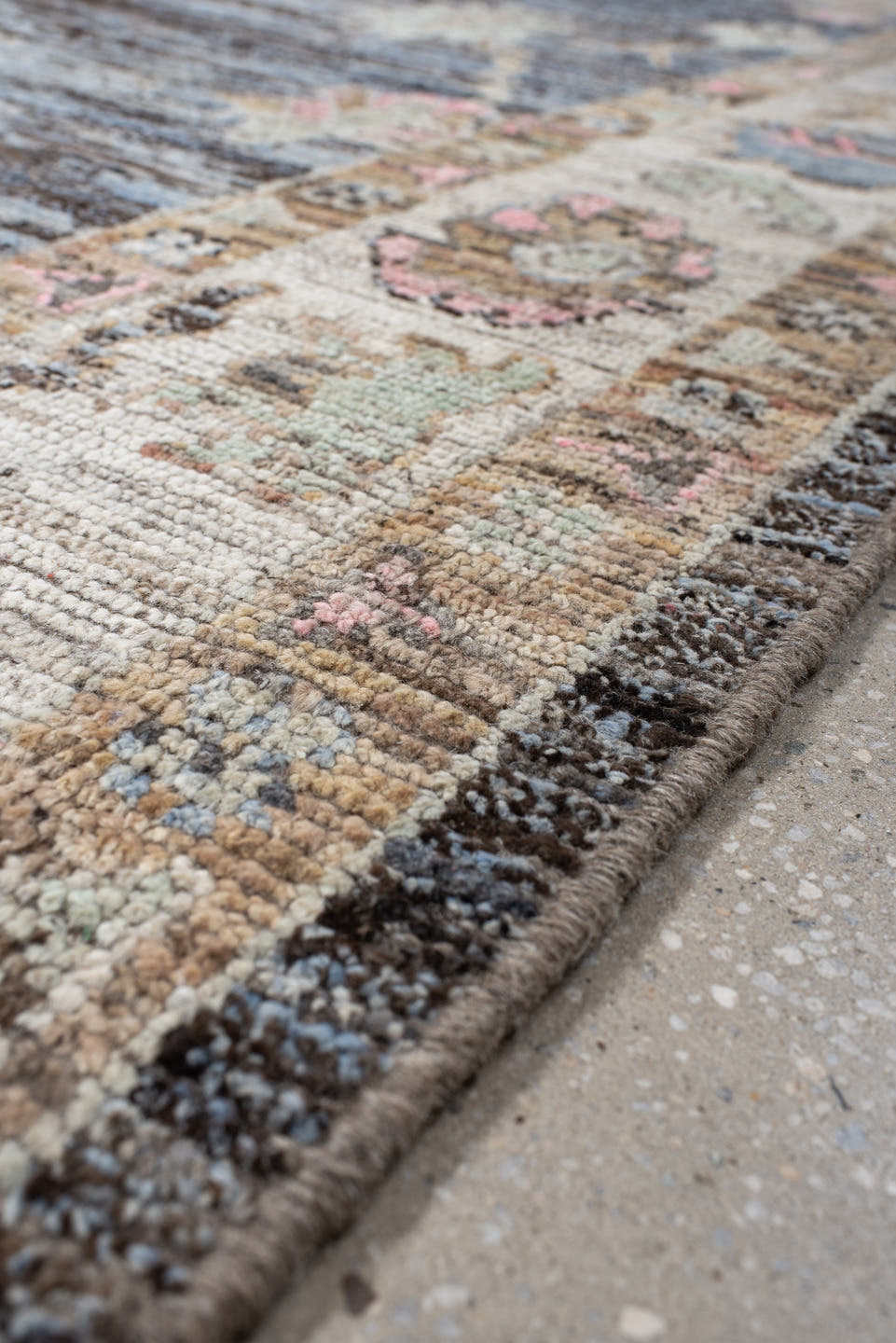 6' x 8' one-of-a-kind handmade vintage Oushak medium size rug. Color palette: charcoal, ivory, taupe, blush, gold, slate
