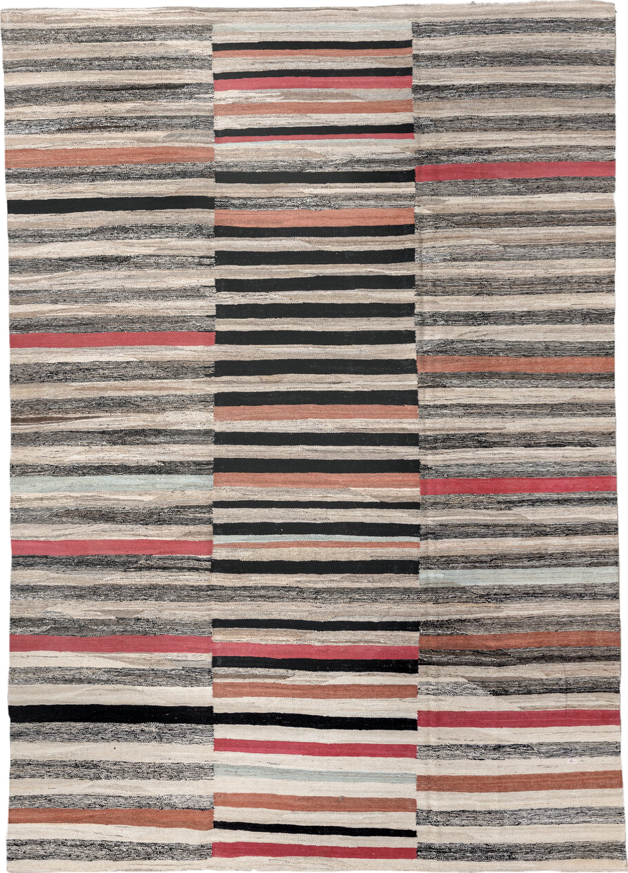 8' x 12' one-of-a-kind handmade vintage Kilim large size rug. Color palette: ivory, charcoal, black, coral, terra cotta