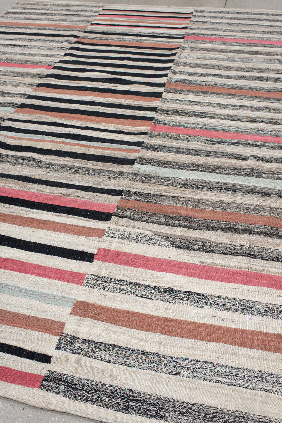 8' x 12' one-of-a-kind handmade vintage Kilim large size rug. Color palette: ivory, charcoal, black, coral, terra cotta