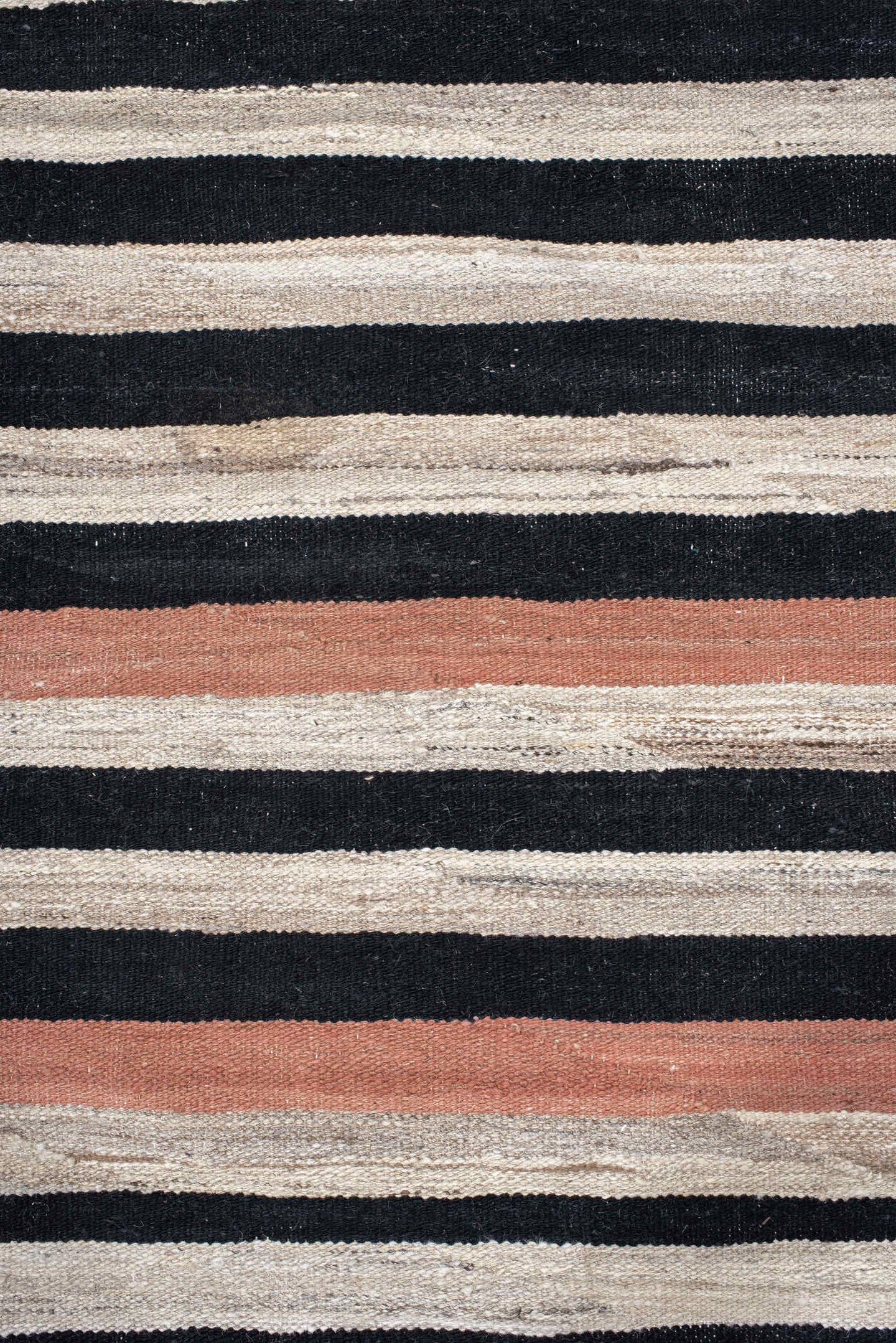 8' x 12' one-of-a-kind handmade vintage Kilim large size rug. Color palette: ivory, charcoal, black, coral, terra cotta