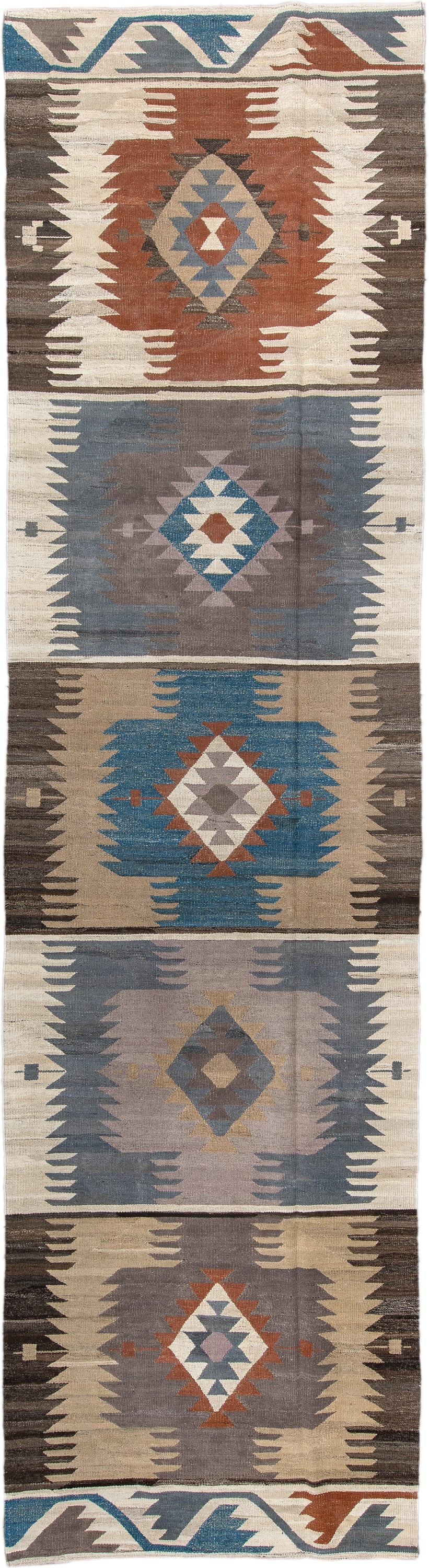 4' x 15' one-of-a-kind handmade vintage Kilim runner rug. Color palette: ivory, taupe, slate, sky blue, charcoal, rust
