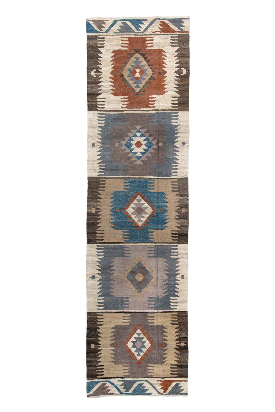 4' x 15' one-of-a-kind handmade vintage Kilim runner rug. Color palette: antiquewhite, black, blue, brown, charcoal
