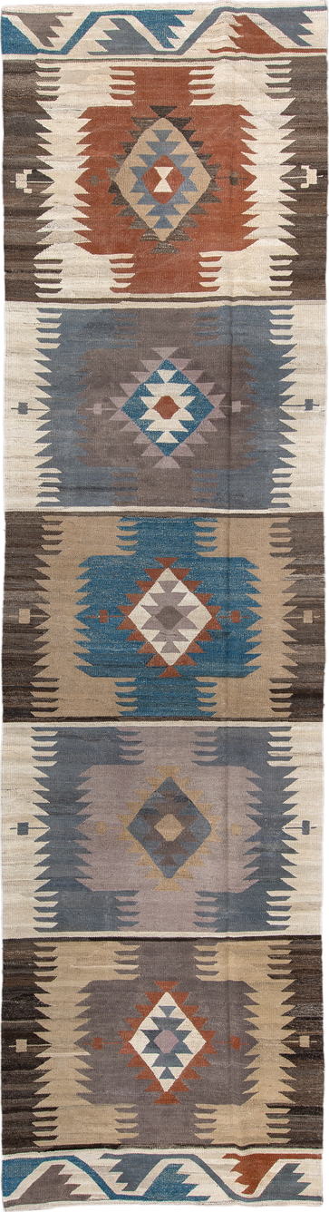 4' x 15' one-of-a-kind handmade vintage Kilim runner rug. Color palette: ivory, taupe, slate, sky blue, charcoal, rust