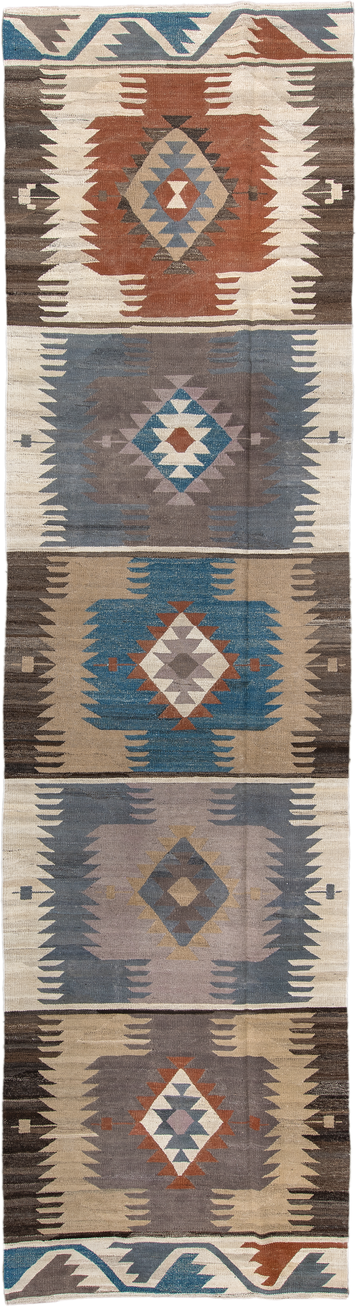 4' x 15' one-of-a-kind handmade vintage Kilim runner rug. Color palette: ivory, taupe, slate, sky blue, charcoal, rust