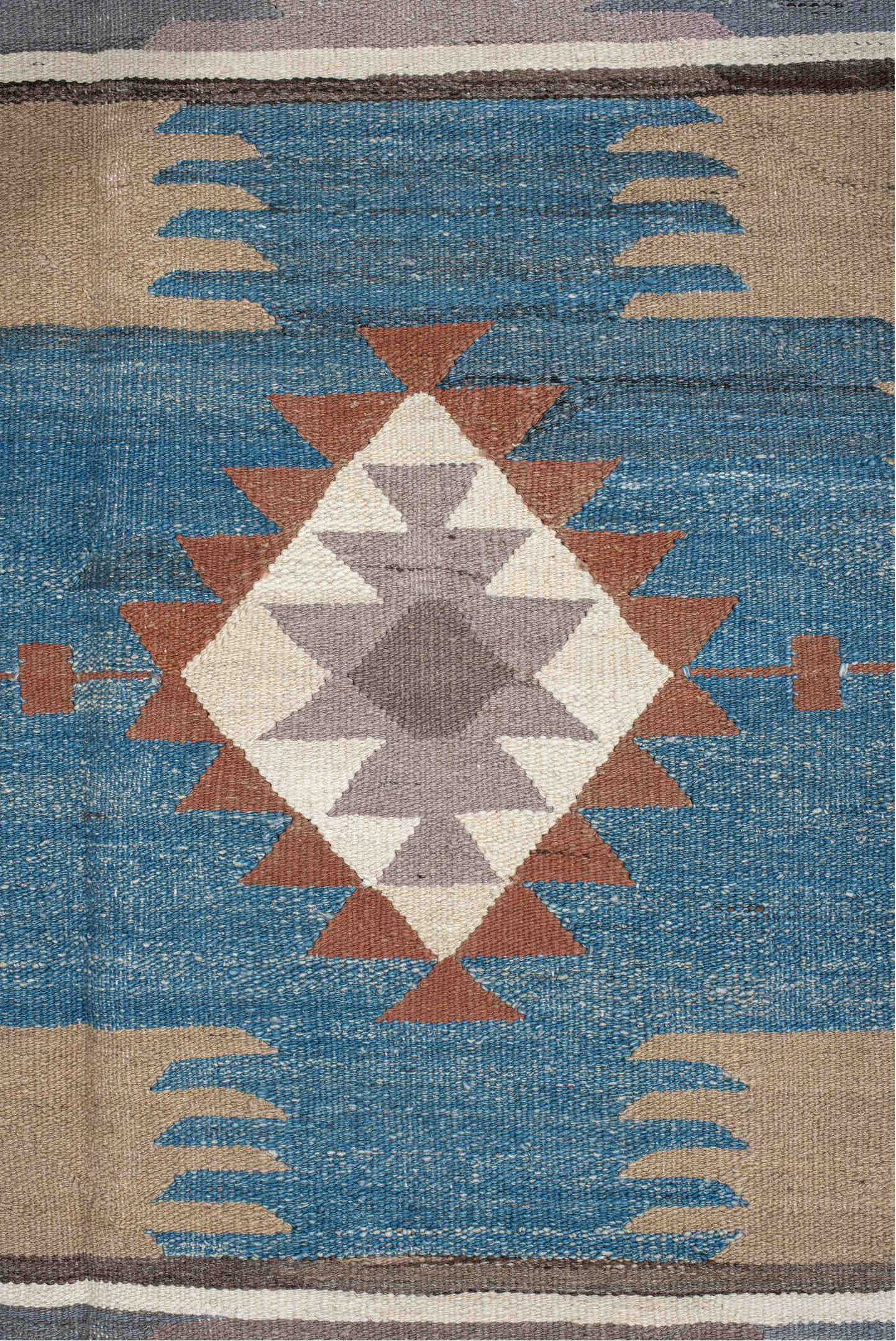 4' x 15' one-of-a-kind handmade vintage Kilim runner rug. Color palette: ivory, taupe, slate, sky blue, charcoal, rust