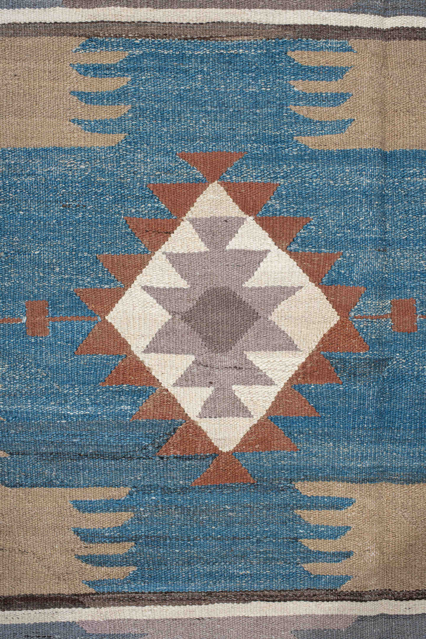 4' x 15' one-of-a-kind handmade vintage Kilim runner rug. Color palette: ivory, taupe, slate, sky blue, charcoal, rust