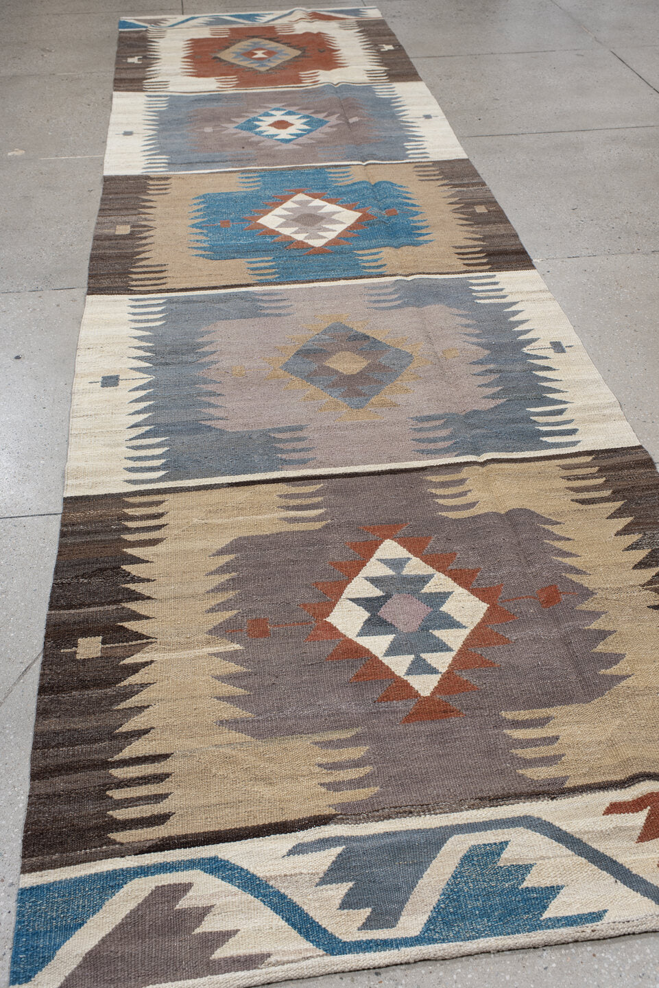4' x 15' one-of-a-kind handmade vintage Kilim runner rug. Color palette: ivory, taupe, slate, sky blue, charcoal, rust