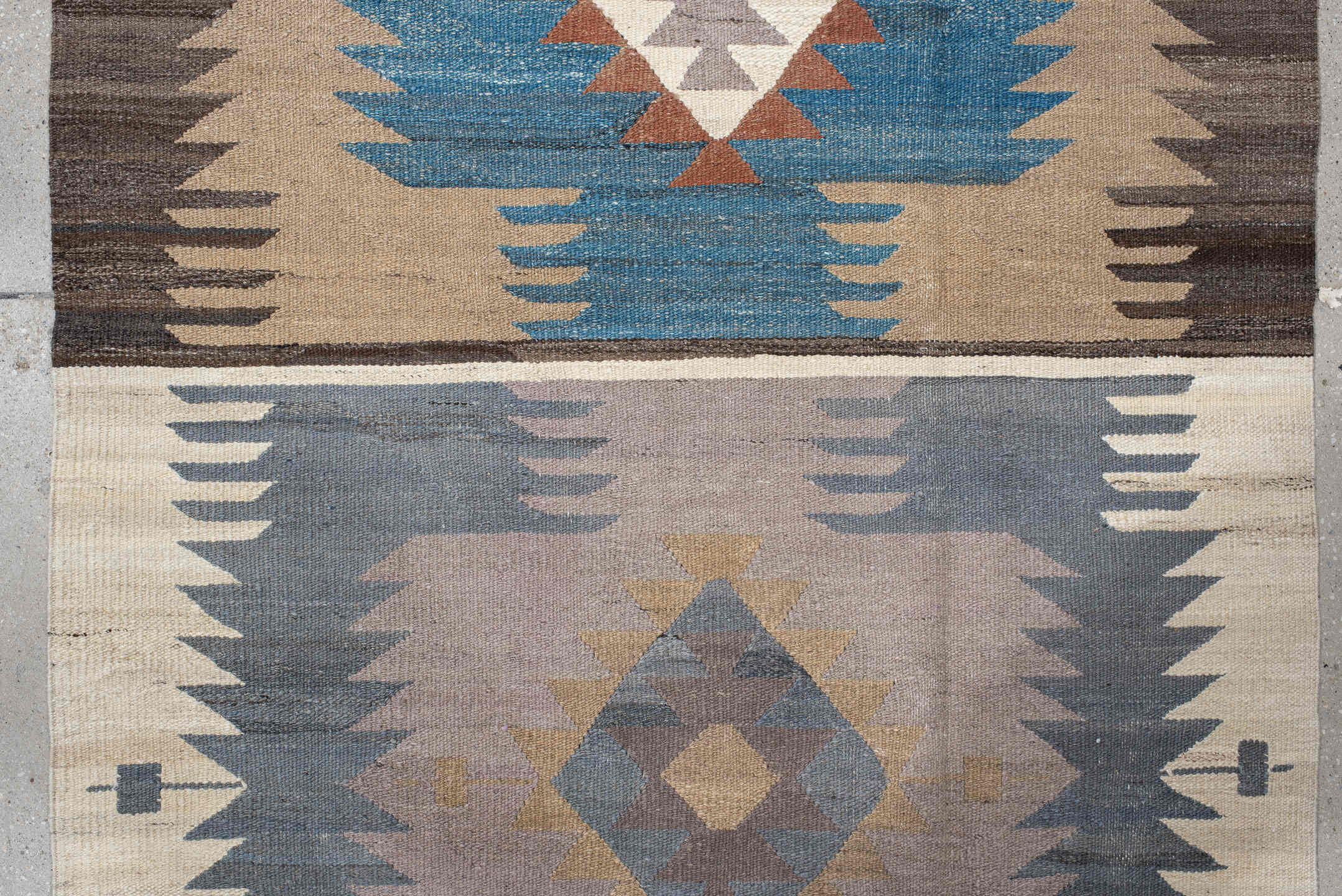 4' x 15' one-of-a-kind handmade vintage Kilim runner rug. Color palette: ivory, taupe, slate, sky blue, charcoal, rust
