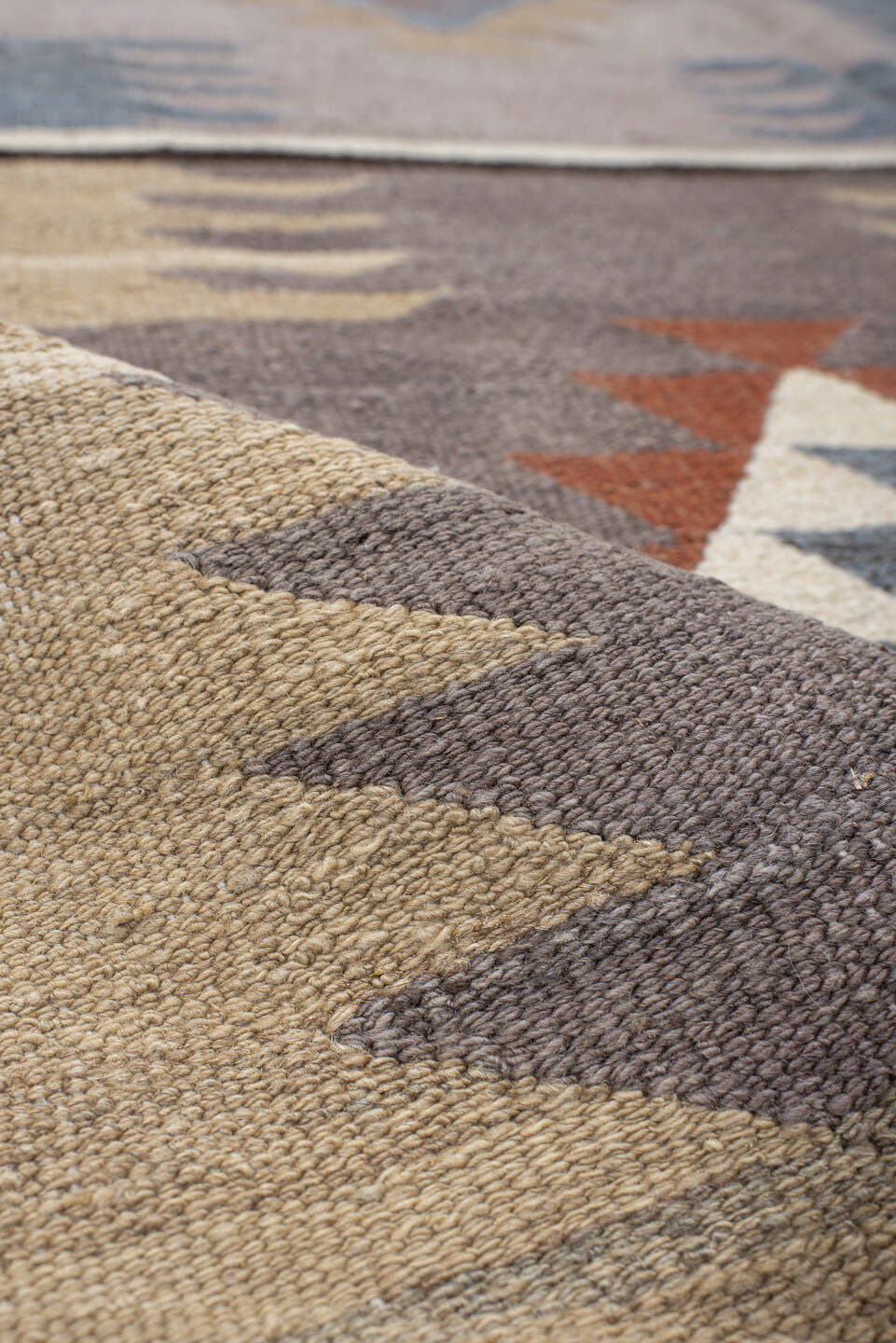 4' x 15' one-of-a-kind handmade vintage Kilim runner rug. Color palette: ivory, taupe, slate, sky blue, charcoal, rust