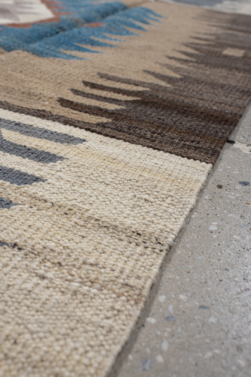 4' x 15' one-of-a-kind handmade vintage Kilim runner rug. Color palette: ivory, taupe, slate, sky blue, charcoal, rust