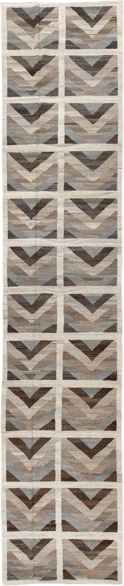 3' x 12' one-of-a-kind handmade vintage Kilim runner rug. Color palette: ivory, taupe, brown, gray, beige, slate