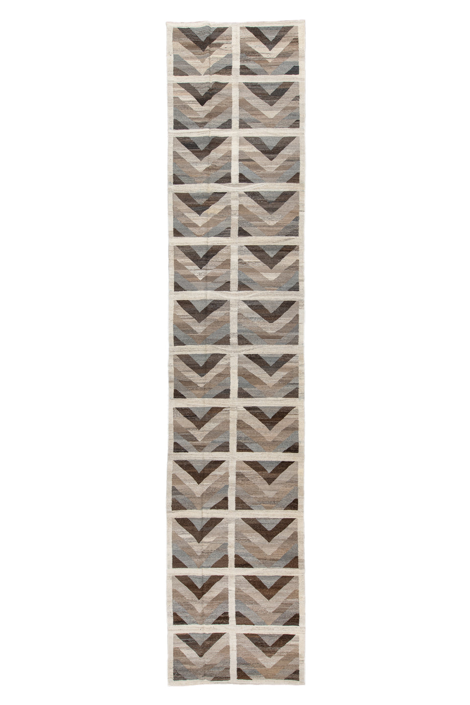 3' x 12' one-of-a-kind handmade vintage Kilim runner rug. Color palette: brown, dim gray, gray, light gray, off-white