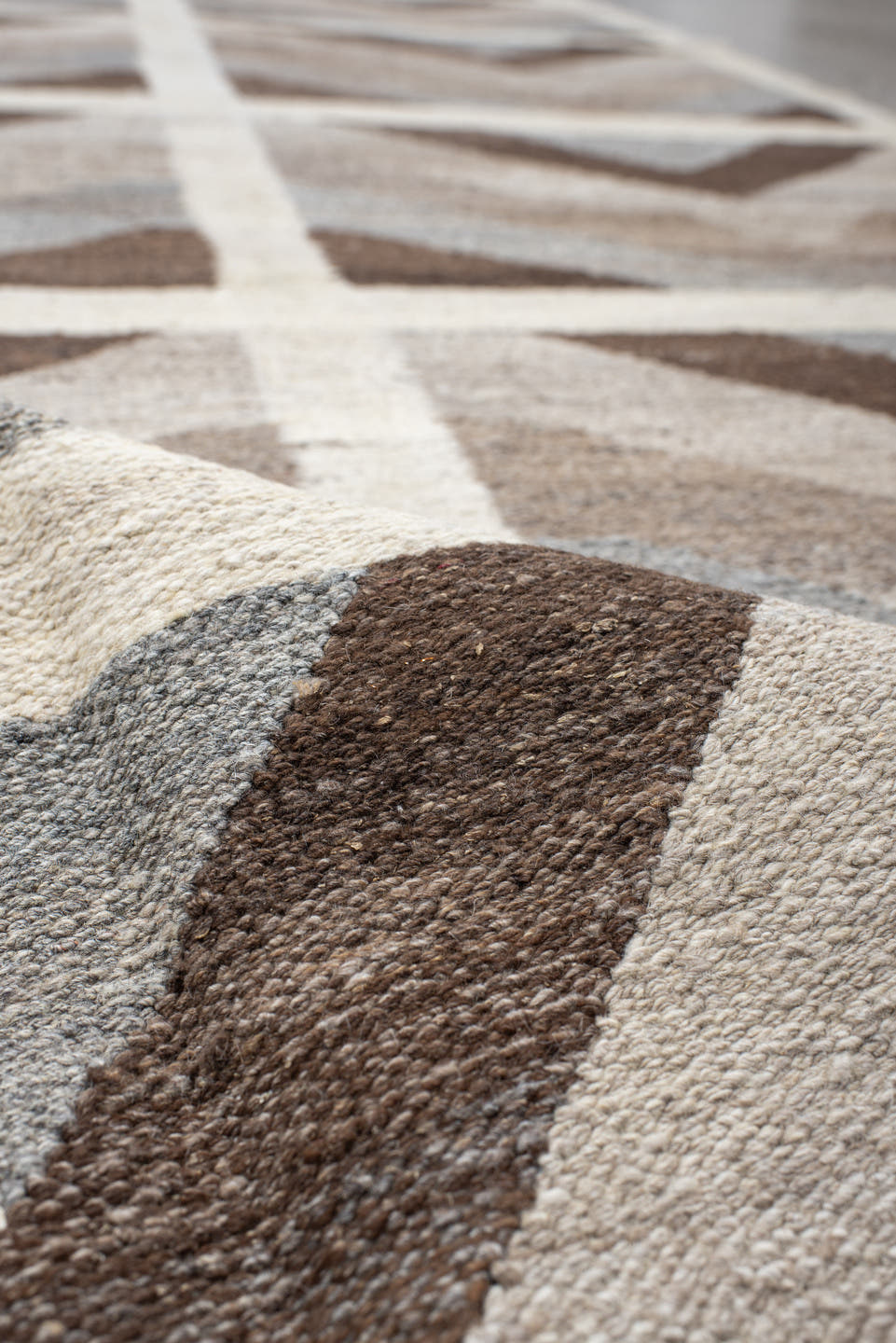 3' x 12' one-of-a-kind handmade vintage Kilim runner rug. Color palette: ivory, taupe, brown, gray, beige, slate