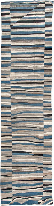 4' x 19' one-of-a-kind handmade vintage Kilim runner rug. Color palette: ivory, blue, gray, charcoal, taupe, black, beige