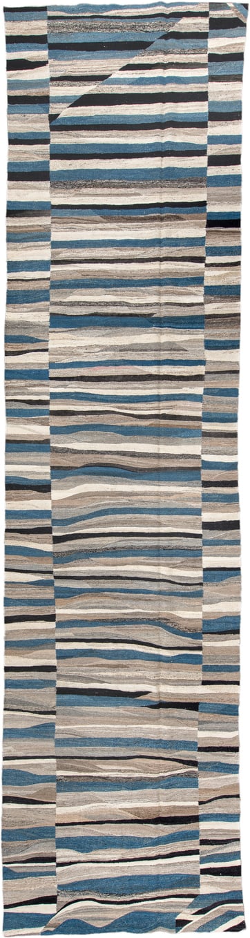 4' x 19' one-of-a-kind handmade vintage Kilim runner rug. Color palette: ivory, blue, gray, charcoal, taupe, black, beige