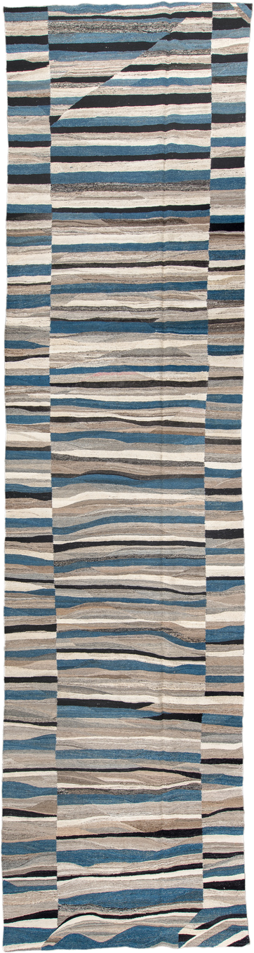 4' x 19' one-of-a-kind handmade vintage Kilim runner rug. Color palette: ivory, blue, gray, charcoal, taupe, black, beige